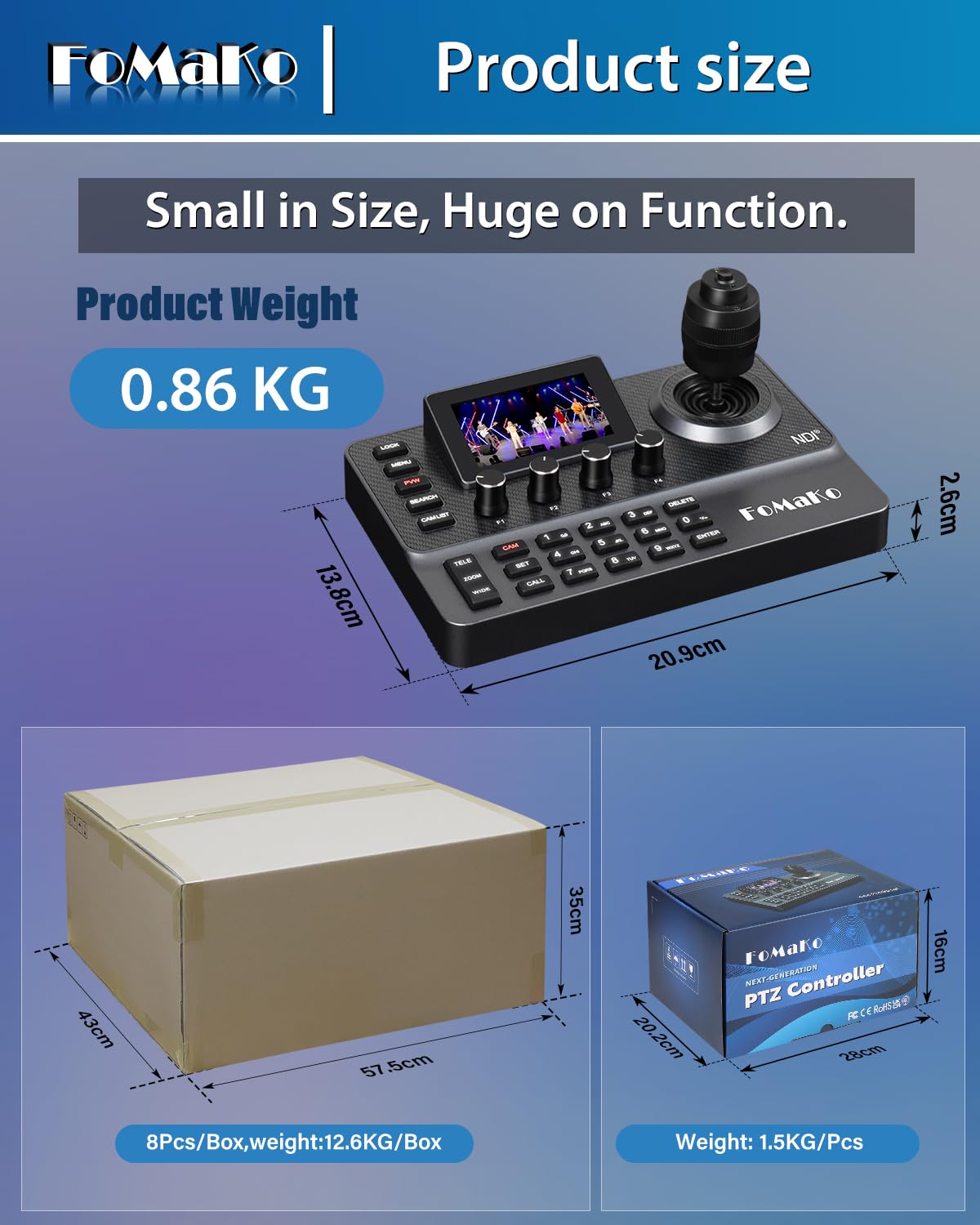FoMaKo NDI PTZ Kamera Controller IP PoE, mit 4D-Joystick und 3-Zoll Vorschaubildschirm, Visca PELCO D/P RS232 RS485 PTZ Controller für YouTube vMix OBS Live Streaming, NDI-Lizenz Enthalten, KC606N