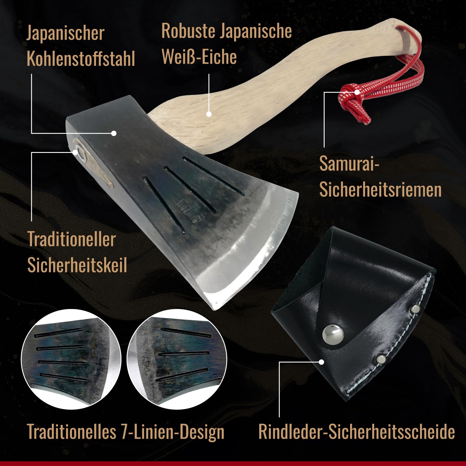 SUIZAN Japanisches Handbeil 360mm - Handaxt Camping Bushcraft Schnitzen | Professionelles Beil Axt Geschmiedet Kohlenstoffstahl Spalten Brennholz Outdoor Survival Geschenk Lederscheide Sanada-himo