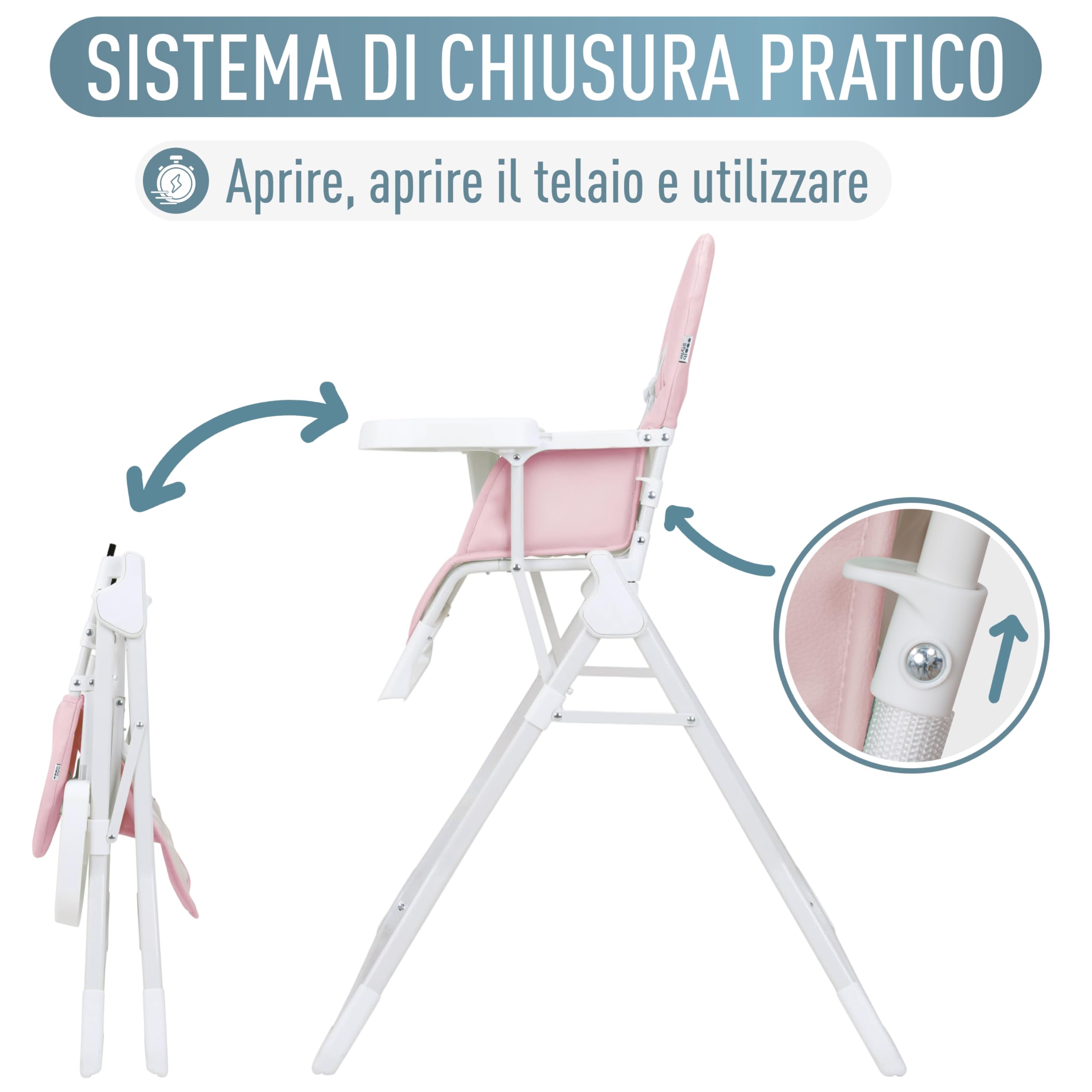IB STYLE Seggiolone Pappa Leno - Seggiolone Pieghevole e Salvaspazio, Evolutivo con Vassoio e Poggiapiedi, Cintura a 5 Punti, Seduta Imbottita, Facile da Pulire, da 6 Mesi a 3 Anni (15 kg), Rosa