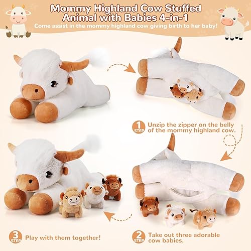 Miniatura 2 de 4 piezas de animales de peluche de vaca de las tierras altas, 1 vaca de peluche para mamá con 3 bebés, regalos de vaca blanca para niñas de 3 a 8