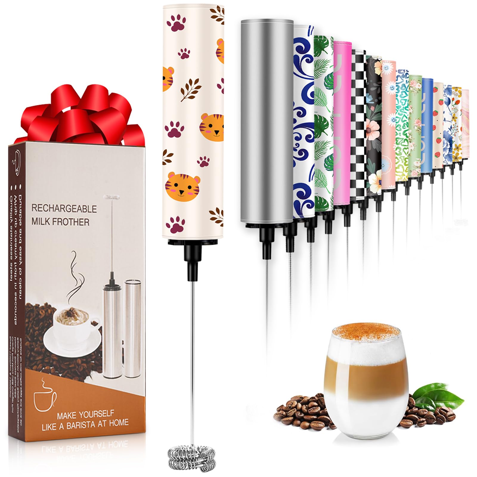 Milk Frother Handheld Rechargeable - 2-Speed Electric Whisk with 5 Detachable Heads (Frother/Mixer/Whisk) for Coffee, Latte, Cappuccino &amp; Matcha, Drink Mixer (Flower 3)