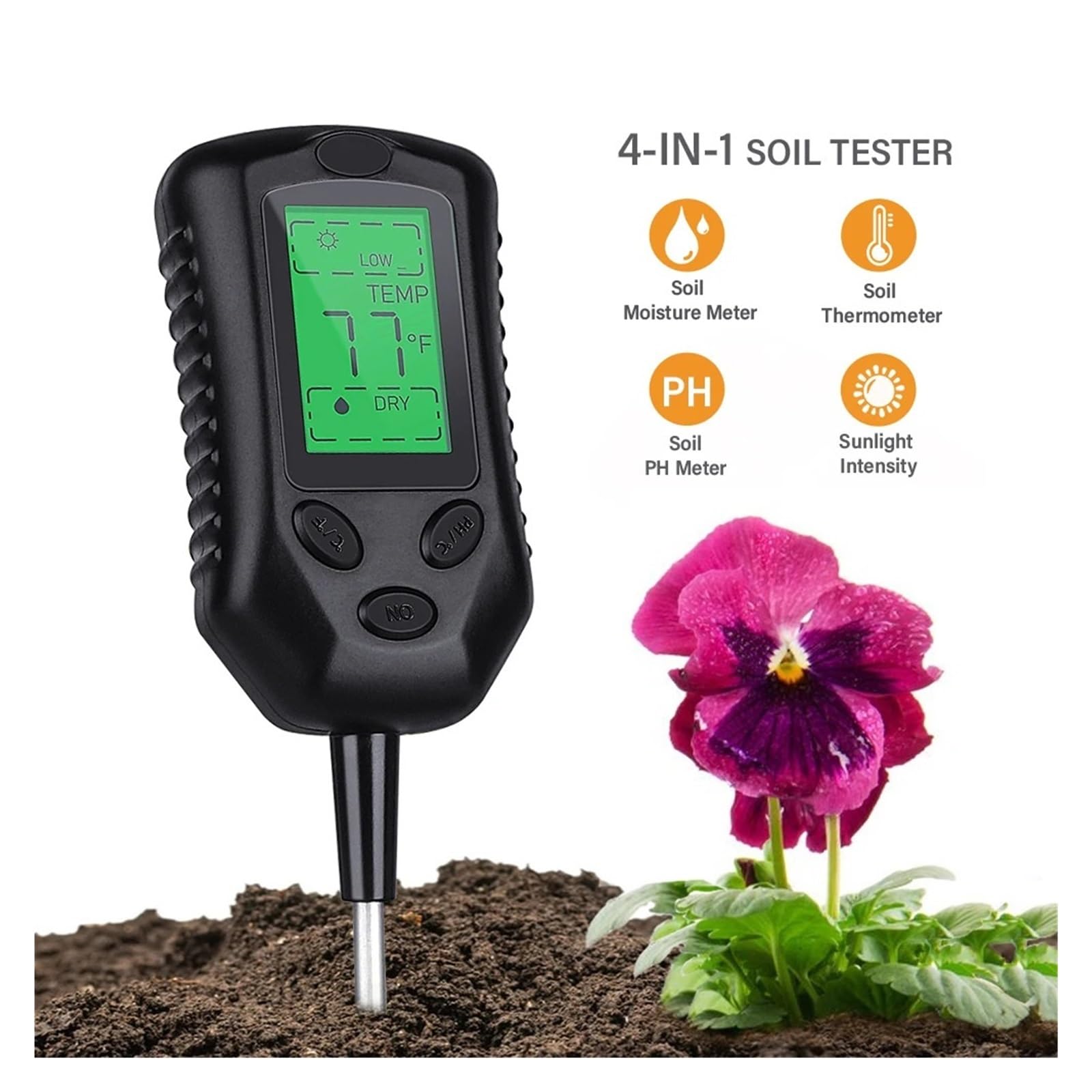 Medidor de humedad del suelo Medidor De PH Del Suelo 4 En 1, Monitor De Humedad, Probador De Luz Solar, Termómetro, Plantas De Jardinería, Sensor De Suelo De Flores Con Luz Negra Fiable y Preciso