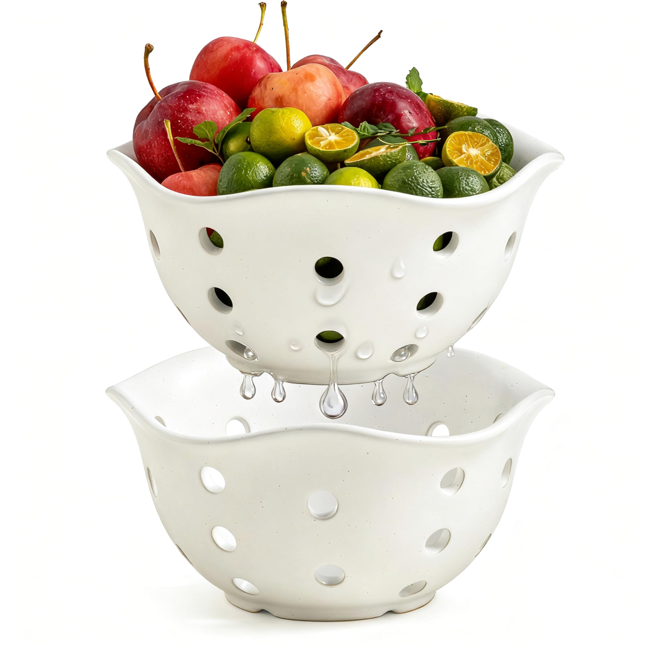 Gomakren Fruit Basket Set of 2, Berry Bowls with Holes Ceramic, Cream White