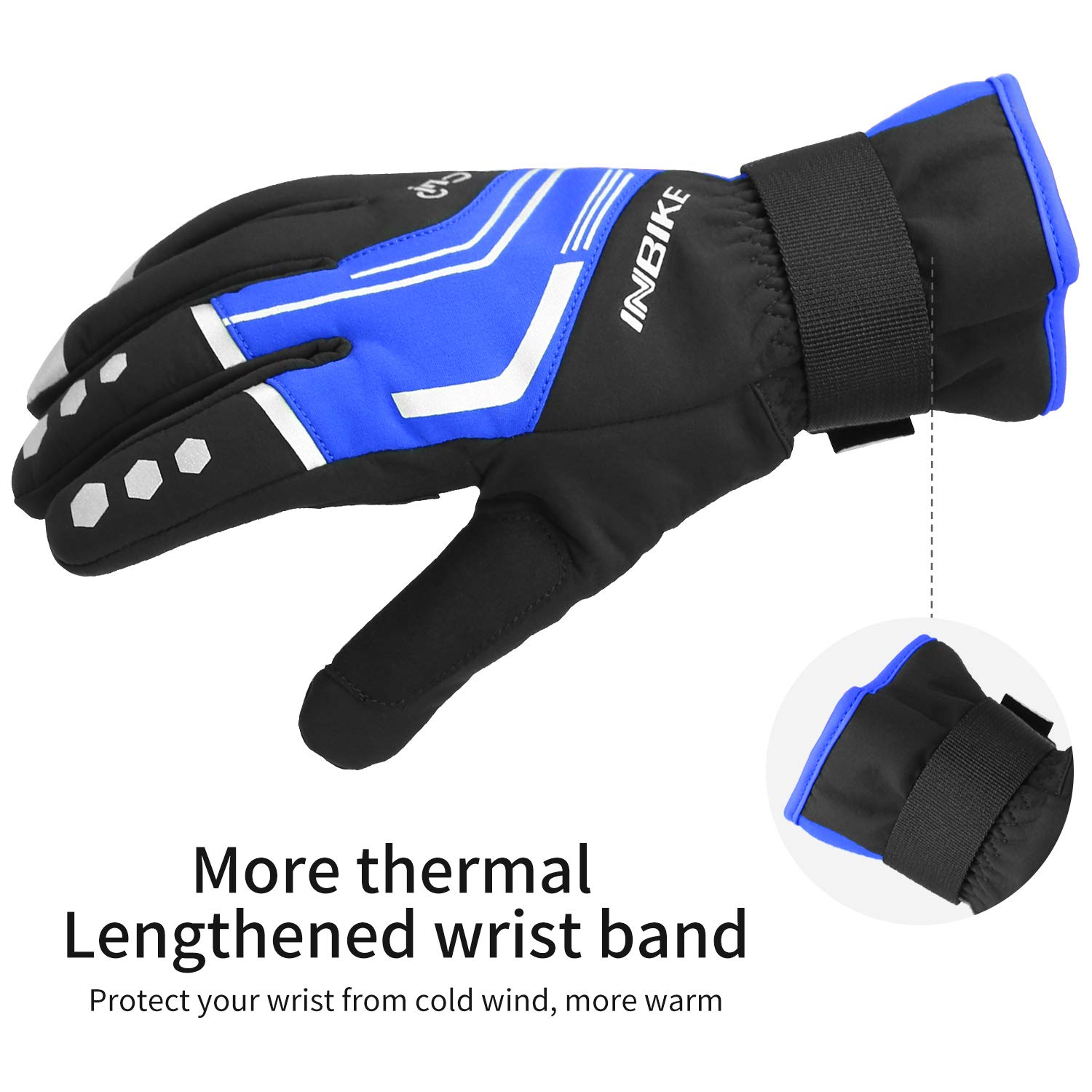 INbike Gants d'hiver pour homme et coupe-vent en gel thermique réfléchissant, écran tactile, pour VTT, bleu moyen