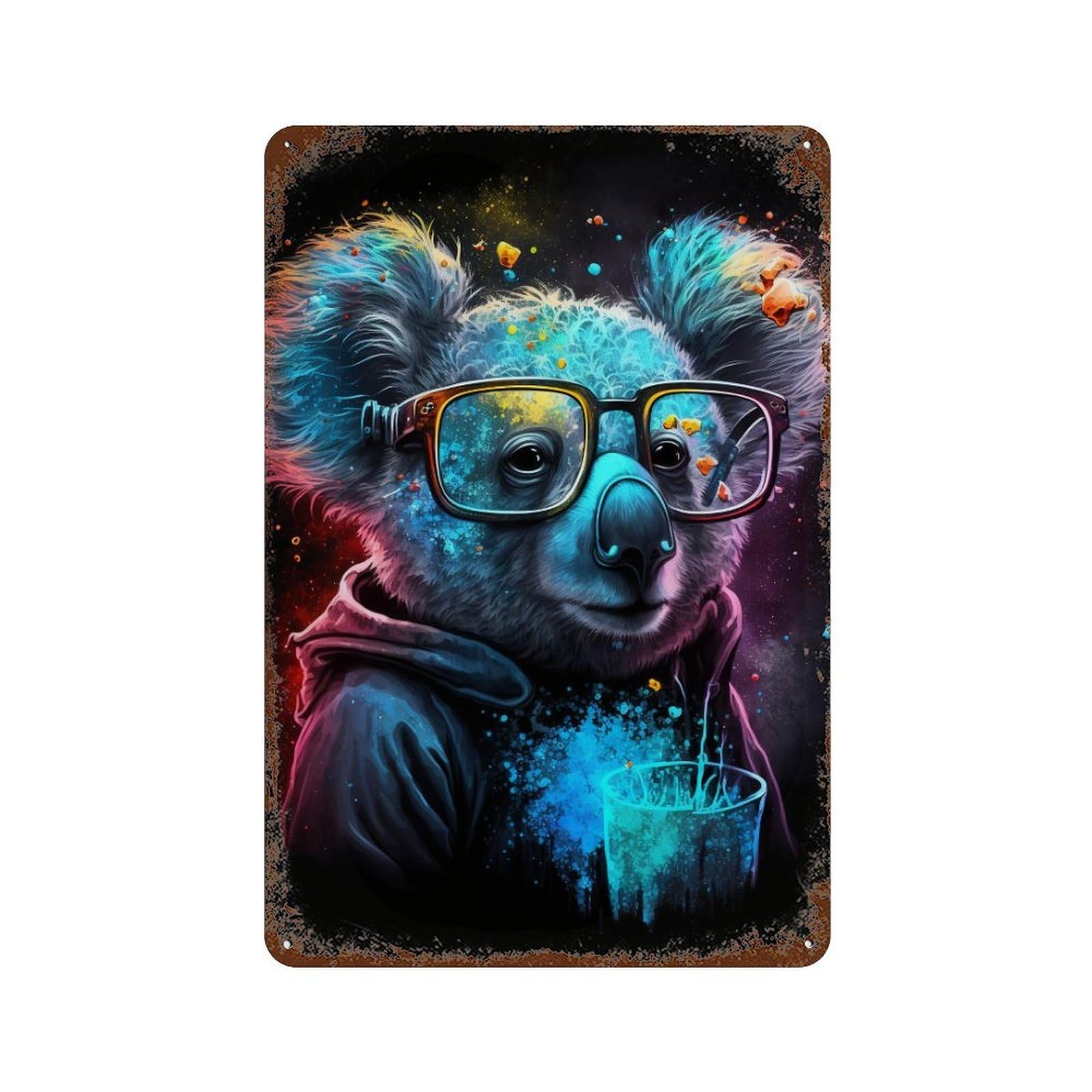 Colorful Koala with Glasses-2 Rusty Metal Tin Sign 11.8"x7.9", Old School Wall Decor for Garage, Pub Or Kitchen