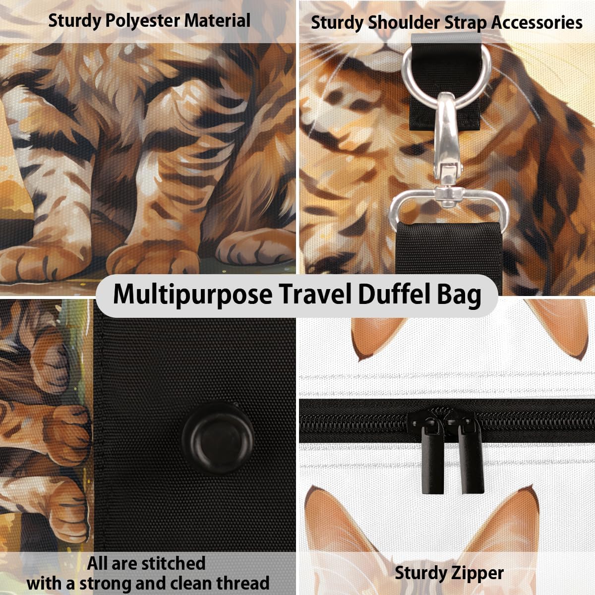 Watercolour Cat Sunflower Travel Duffel Bag for Women Men Large Capacity Overnight Weekender Bags for Lightweight Waterproof Sport Gym Bag for Workout Yoga Swim