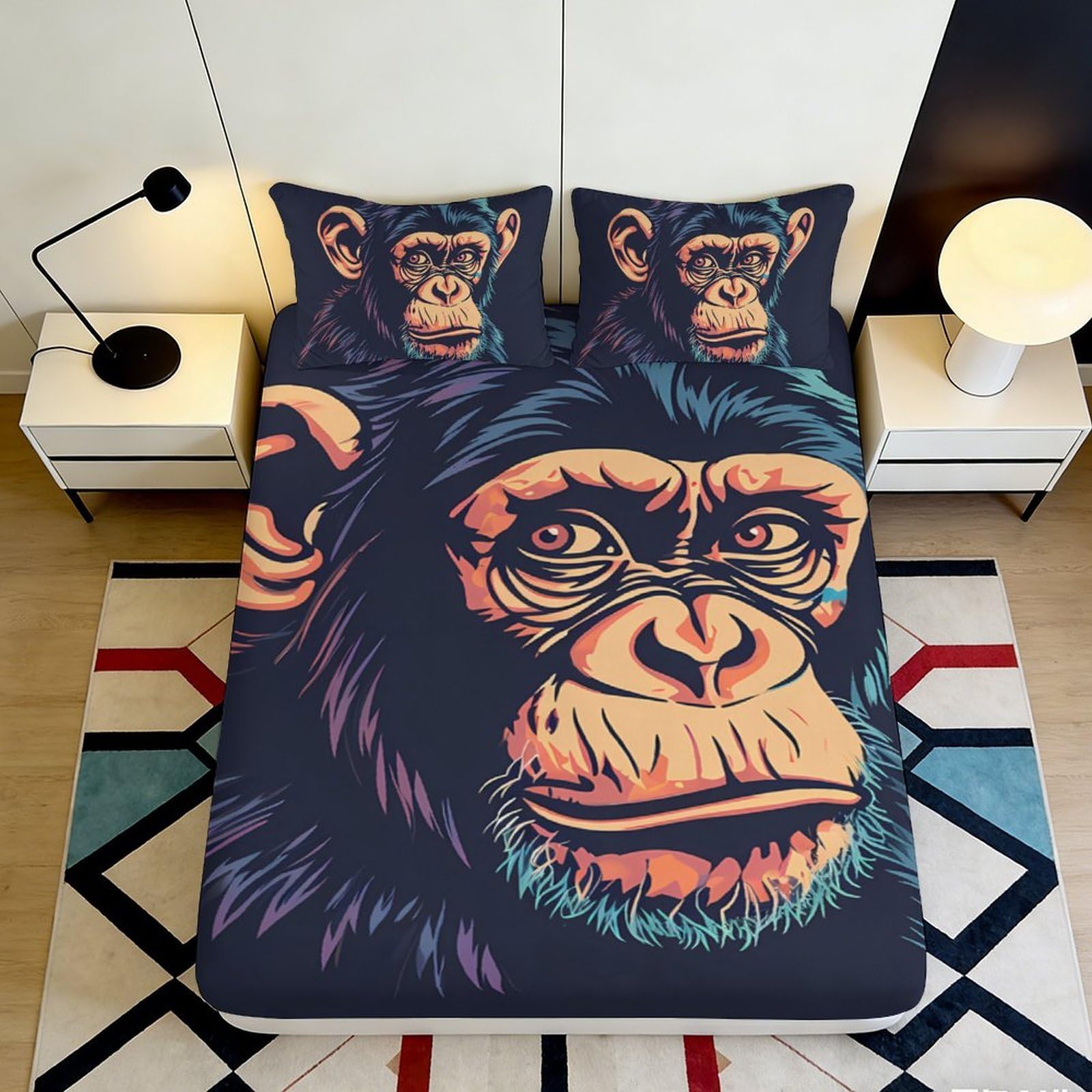 Jqzkxnhpbr Style-2 3D Printed Chimpanzee Face Fitted Sheet Microfiber Soft Artistic Monkey Bed Cover For Bedroom Dorm Mattress Decor 90X200x25cm