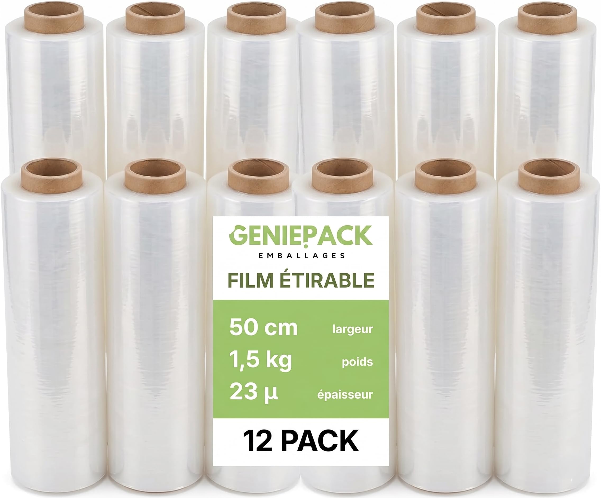 Film Étirable Transparent 500 mm x 23 Microns 1,5kg Lot de 12 Rouleaux