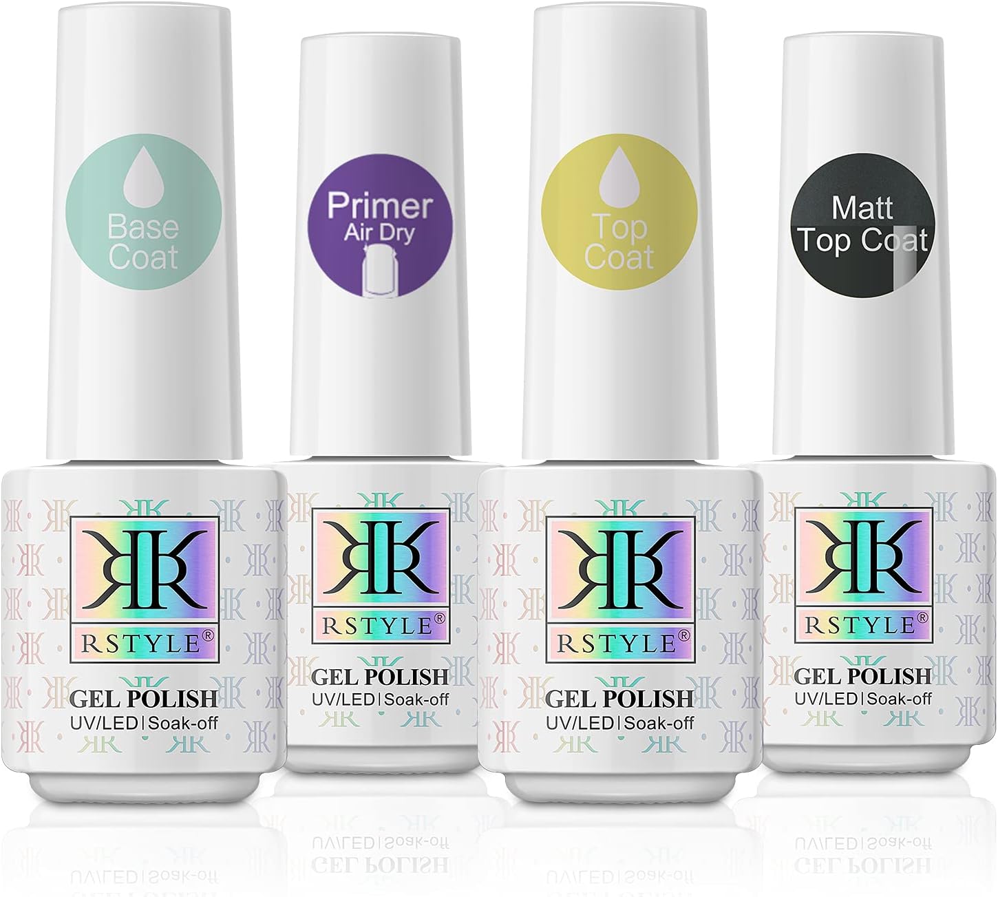 RSTYLEGel Nail Polish Set, 4 x 5ML No Wipe Top Coat and Base Coat Gel Nail Polish & Primer Set Soak Off UV LED Gel Nail Manicure Set Gloss Shiny