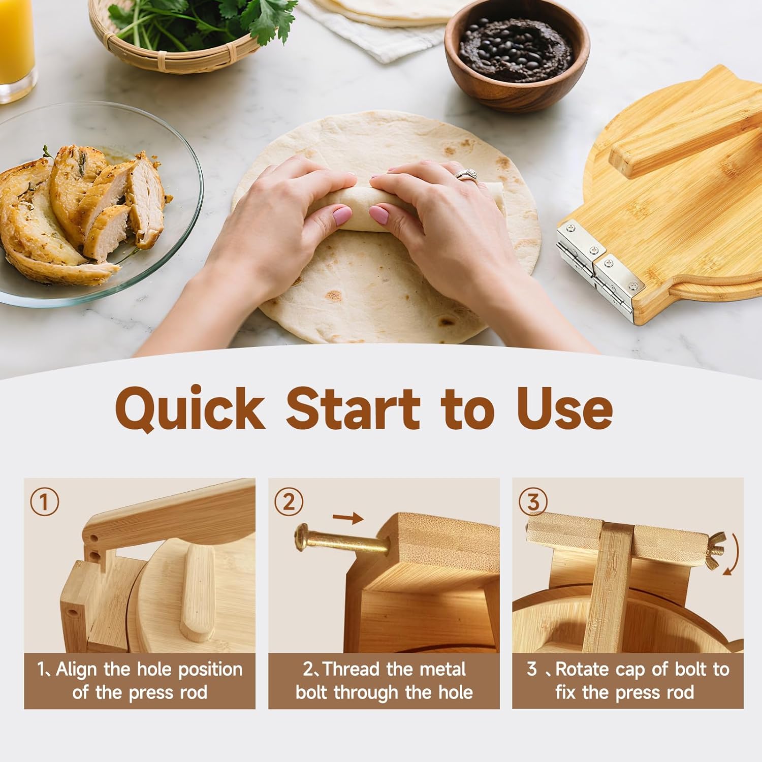 Wooden Tortilla Press 10 Inch - Tortilla Maker Bamboo Prensa para Tortillas with 50 Parchment Paper & Dough Cutter, Mexican Tortillera Press for Homemade Corn Tortillas, Burritos, Taco, Roti