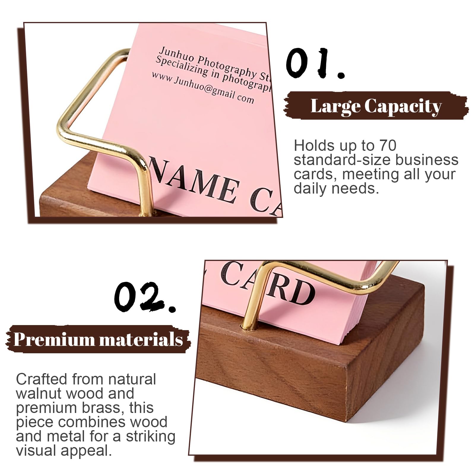 Lot de 2 porte-cartes de visite en bois de noyer et laiton pour bureau, magasin, stand d'exposition