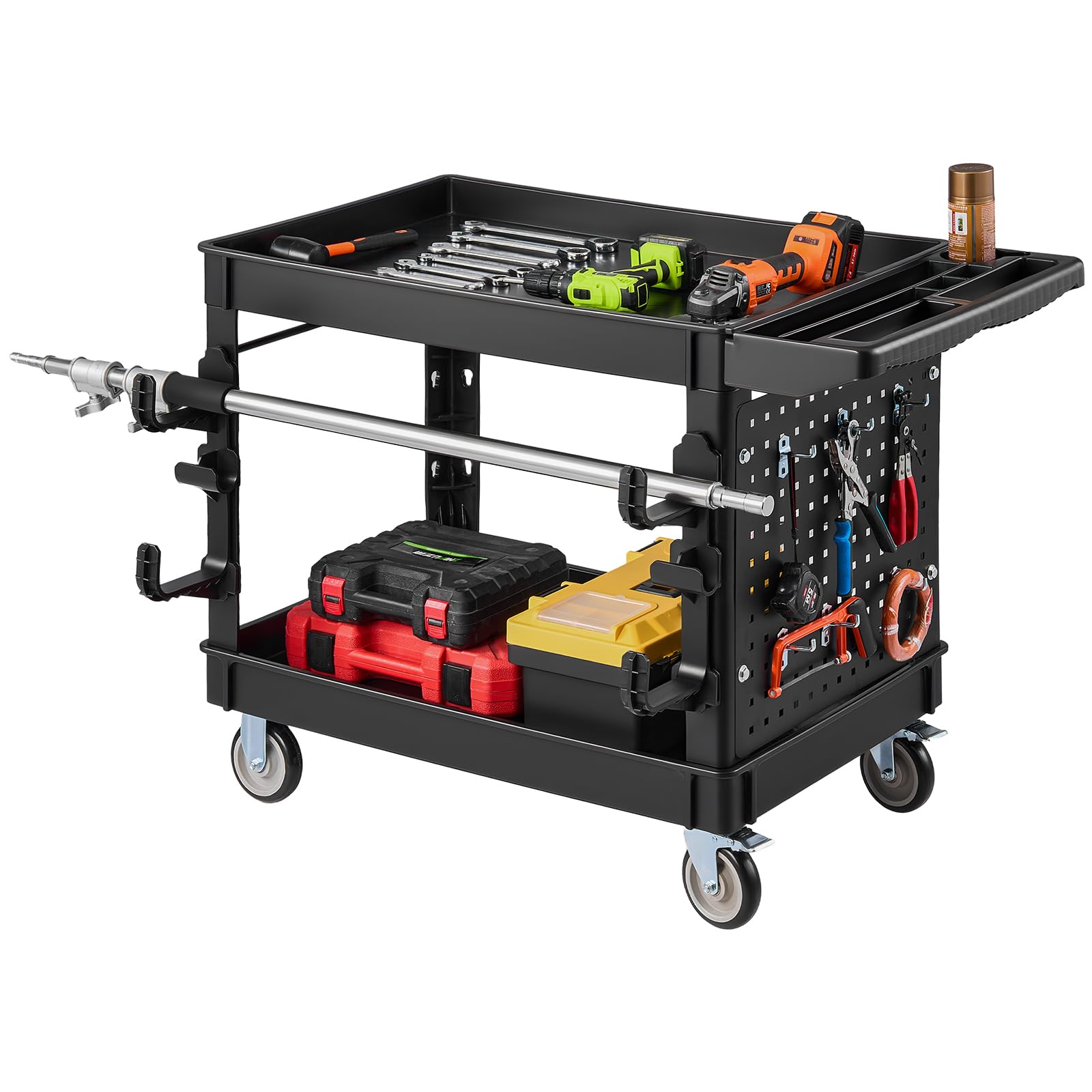 VEVOR Carrello di Servizio Portata 250 kg 2 Ripiani Ruote Girevoli a 360°, Carrello Officina, Ruote Fisse con Freno, Struttura in Plastica Resistente con Vassoio e Pannello Forato, per Garage, Nero