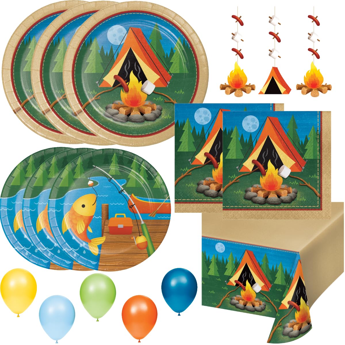 Photo 1 of Camping Party Supplies Set Kids Birthday Paper Plates, Napkins Tableware and Decorations (Serves 24) Fishing Backyard Campfire Party