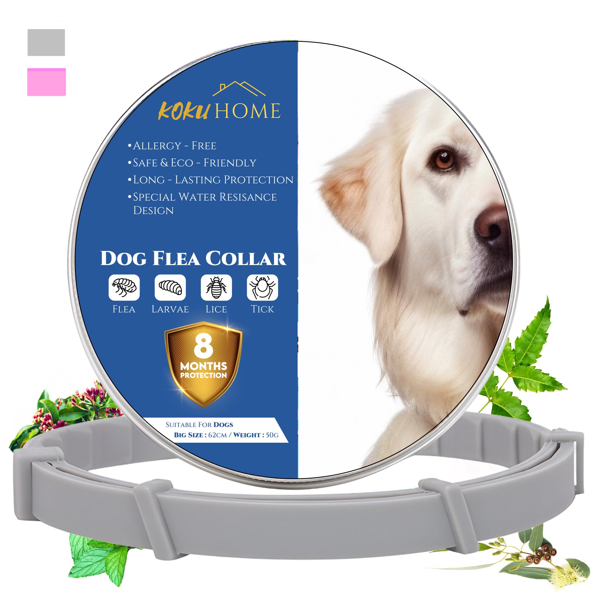 KOKU HOME Collar Antiparasitario contra Pulgas y Garrapatas para Perros y Gatos - Ajustable para Cualquiera Razas y Tamaños - 8 Meses de Protección - 65cm - Materiales con Aceites Esenciales. (Gris)