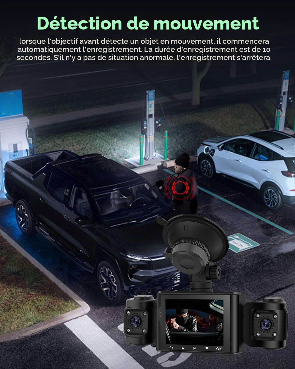 Caméra embarquée Avant et latérale NHOPEEW 1080P avec détection de Mouvement et Enregistrement en Boucle - Caméra embarquée HD 3 canaux avec Angle Large à 360° Installation Facile + Carte TF 64 Go