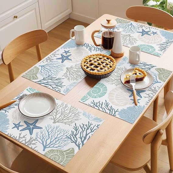 Coastal Placemats Set of 6, Summer Beach Blue Teal Coral Placemats for Dining Table, Nautical Seaside Starfish Cotton and Linen Table Mats Washable for Kitchen, Party, Wedding, 13x19 Inches