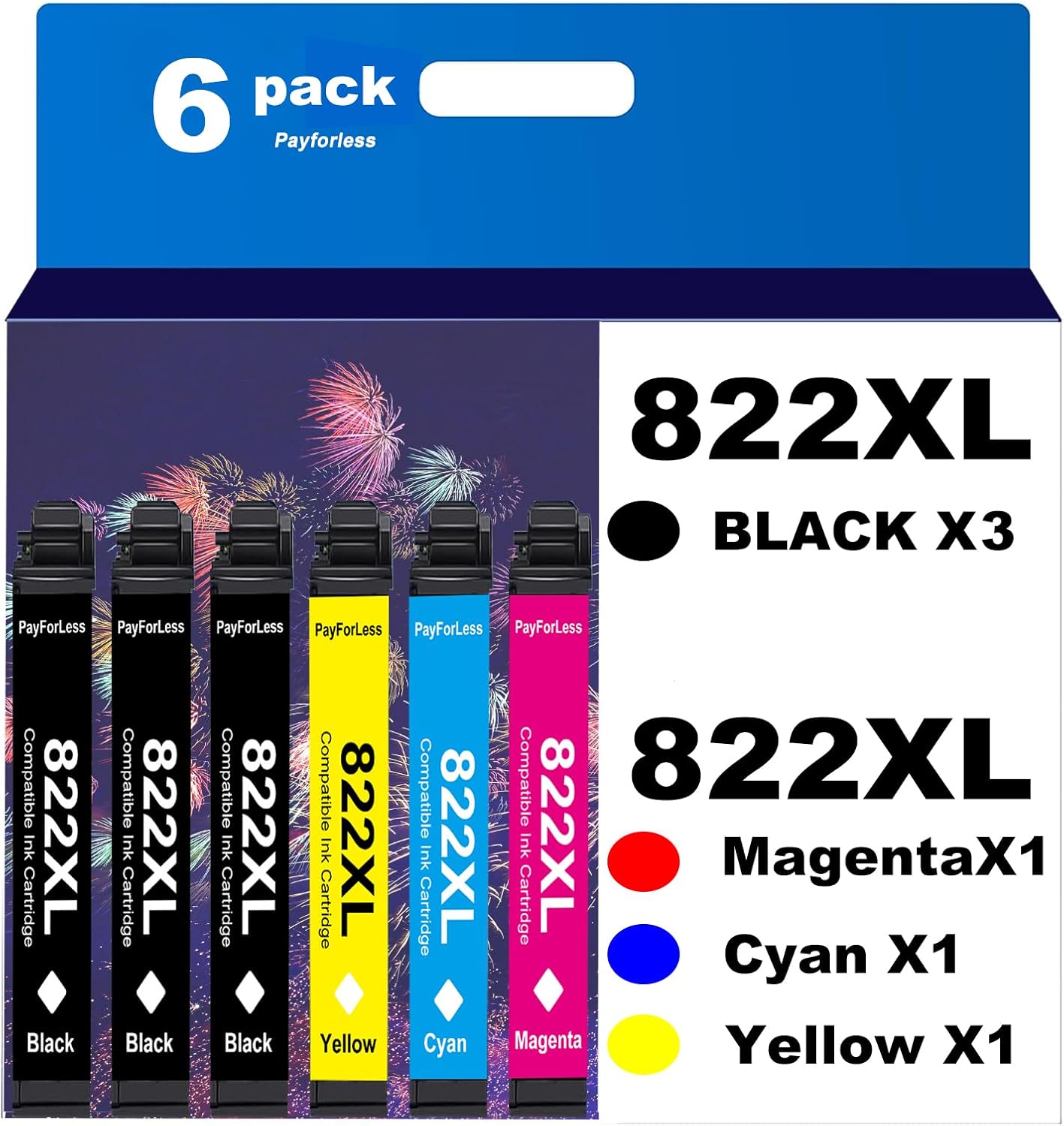 PayForLess 822XL Remanufactured for 822 Ink Cartridges for 822XL T822 for Workforce Pro WF-3820 WF-3823 WF-4820 WF-4830 WF-4833 WF-4834 Printer (6 Pack 3 Black 1 Cyan 1 Magenta 1 Yellow)