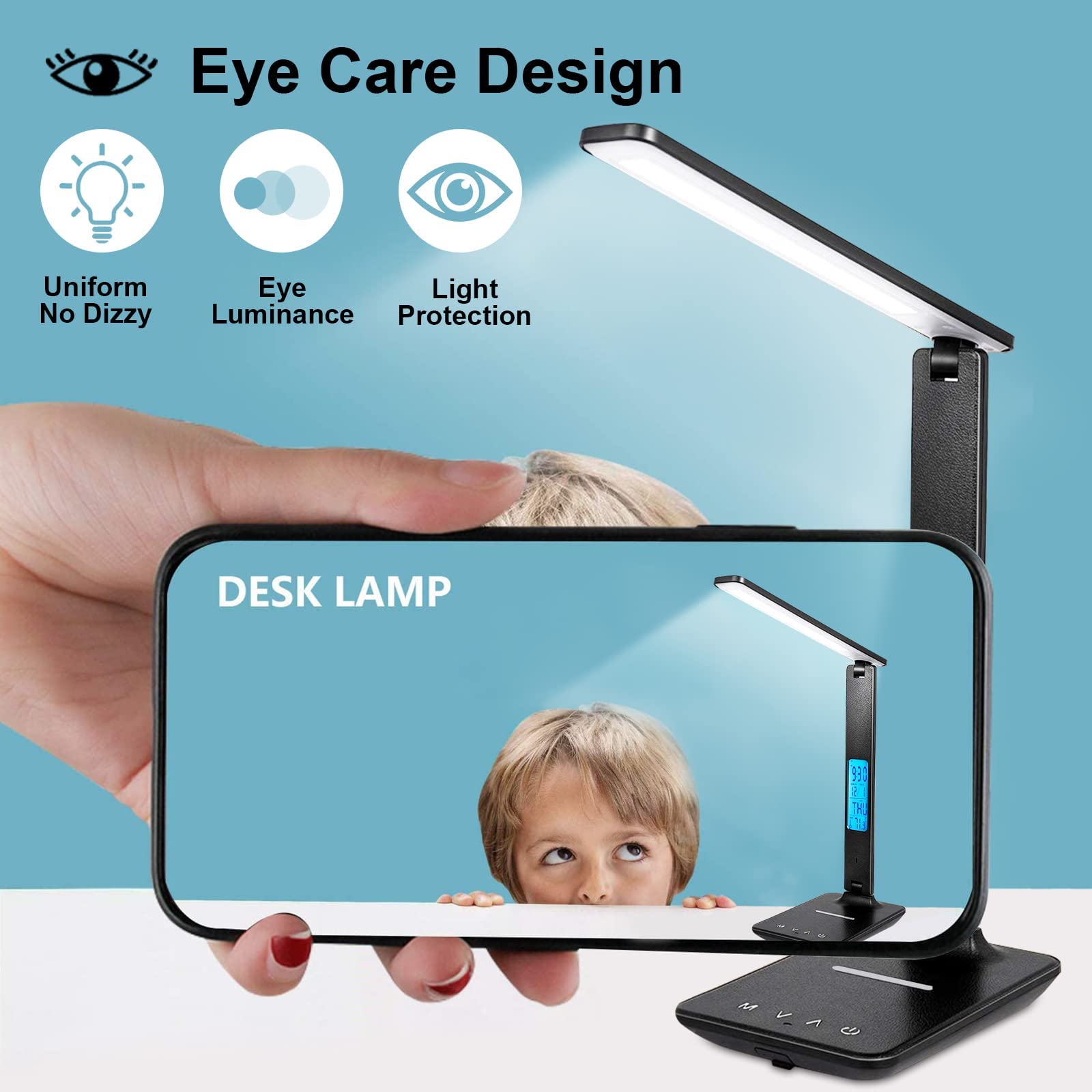 Ściemnialna lampa biurkowa LED z zegarem, 3 kolory i 5 poziomów jasności, przyjazna dla oczu lampka nocna z bezprzewodowym ładowaniem i portem USB, inteligentny wyświetlacz LCD