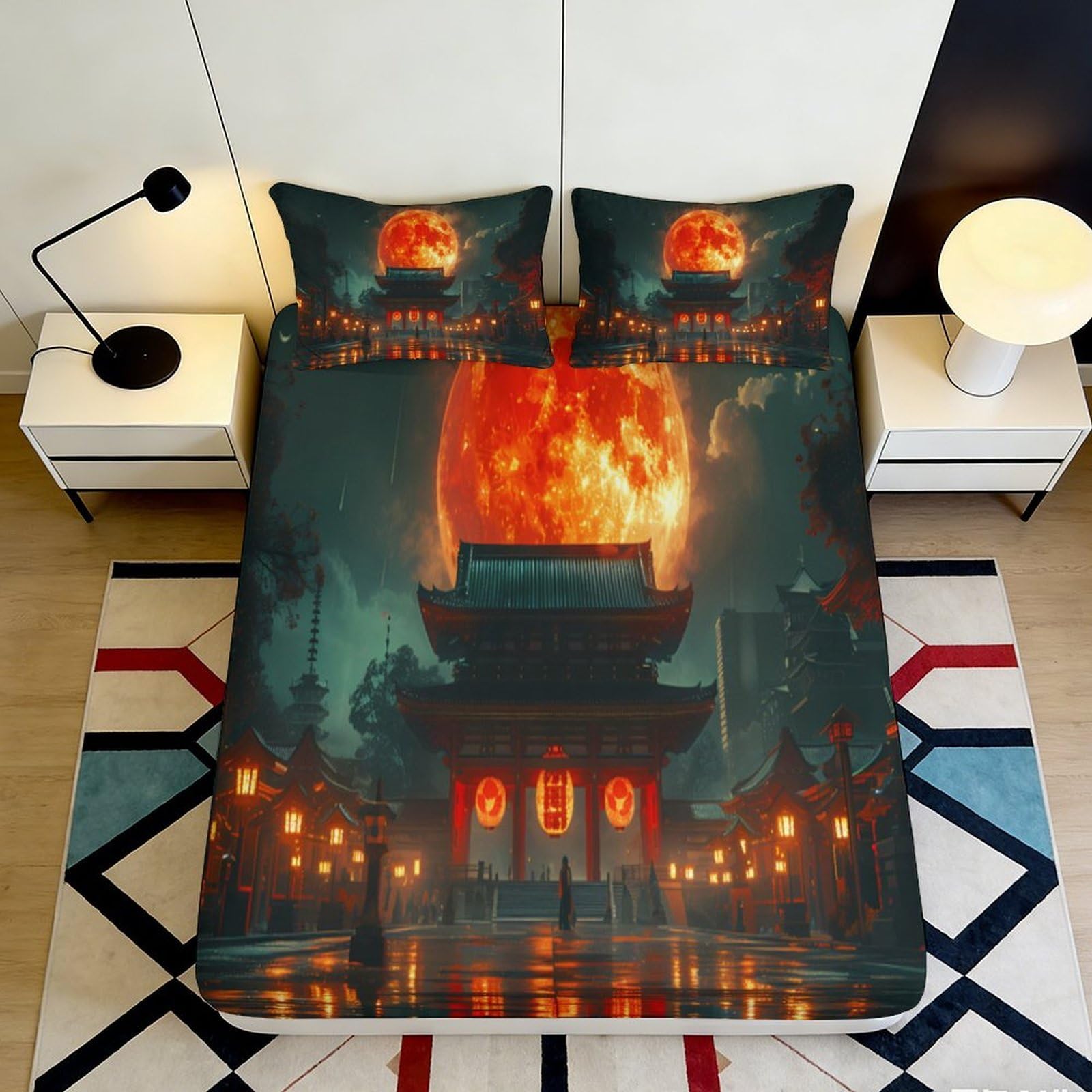 3D Printed Oriental Night Market Fitted Sheet Microfiber Deep Pocket Non-Slip Bedroom Set Oriental Style Mattress Fitted Cover Washable for Adults Teens 200x200x25cm 90x200x25cm