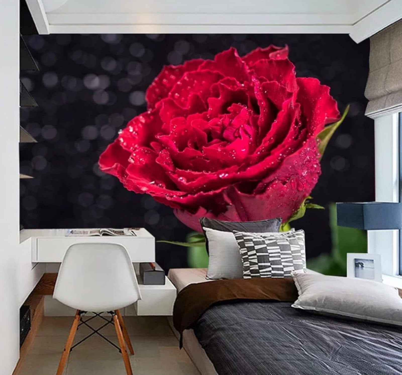 Wallpaper-3D-Xlm 430Cm×300Cm(B×H) Romantic Three Dimensional Fresh Red Rose Water Drops 3D Wallpaper Easy Install Feature Office Living Room Sofa Bedroom Tv Background Wall Decoration-430Cm×300Cm