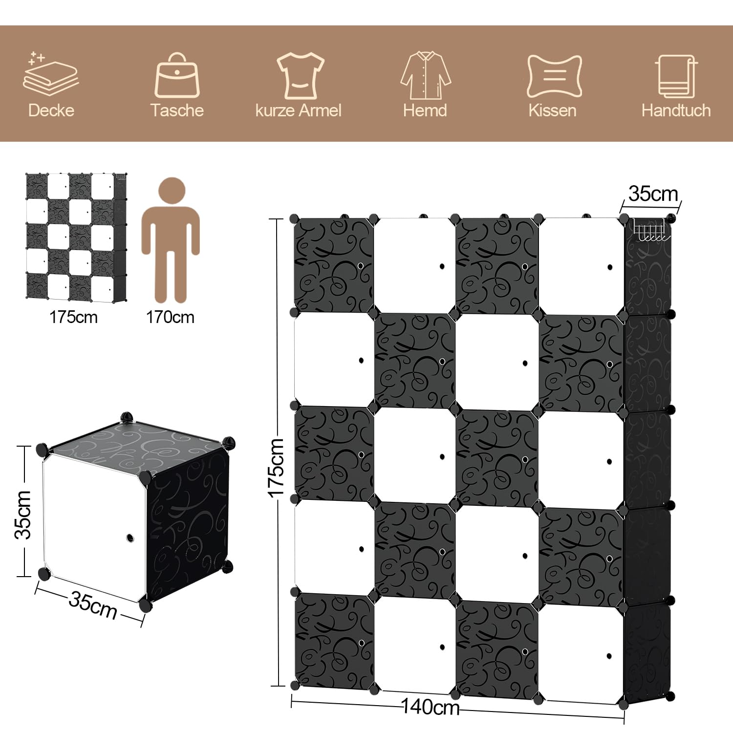 Herrselsam DIY Kleiderschrank Regalsystem 20 Würfel Garderobe Kleiderschrank Offen Kunststoff Garderobe mit Türen Garderobenschrank mit Kleiderbügel & Kleiderhaken(Schwarz und Weiß 175x140x35CM)