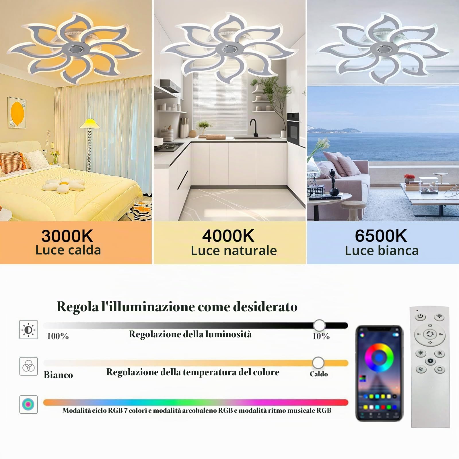 Plafoniera RGB con Altoparlante Bluetooth Lampada da Soffitto a Led 90cm Dimmerabile Per Camera da Letto e Soggiorno con Telecomando e Funzione Memoria Moderne lampadario Fiore con App Bianco