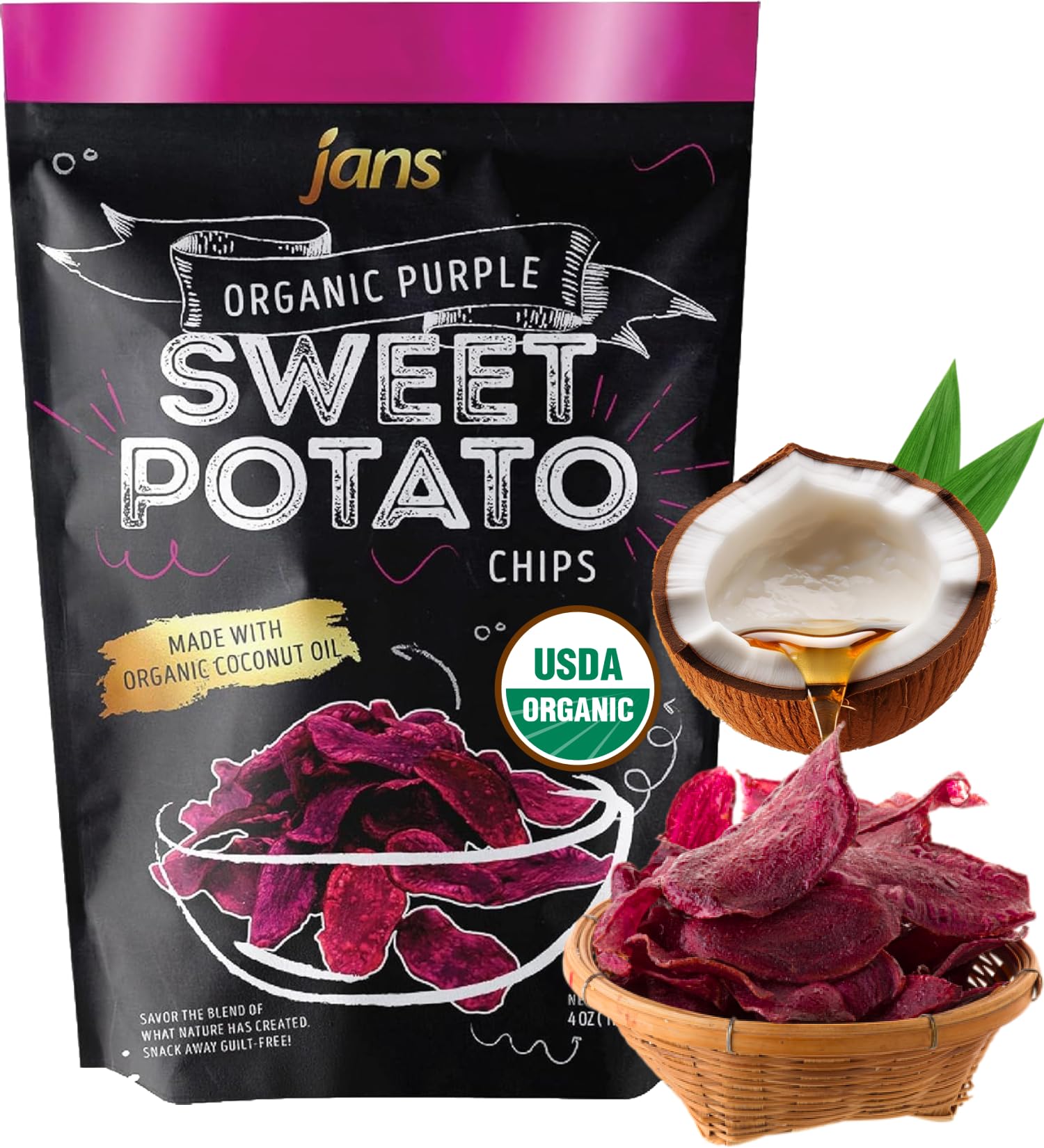 Jans Purple Sweet Potato Chips, 4 oz – Baked Sweet Potato Chips Made with Coconut Oil – Healthy Sweet Potatoes Snacks, AIP Compliant, Gluten Free, Non GMO, Paleo Snack