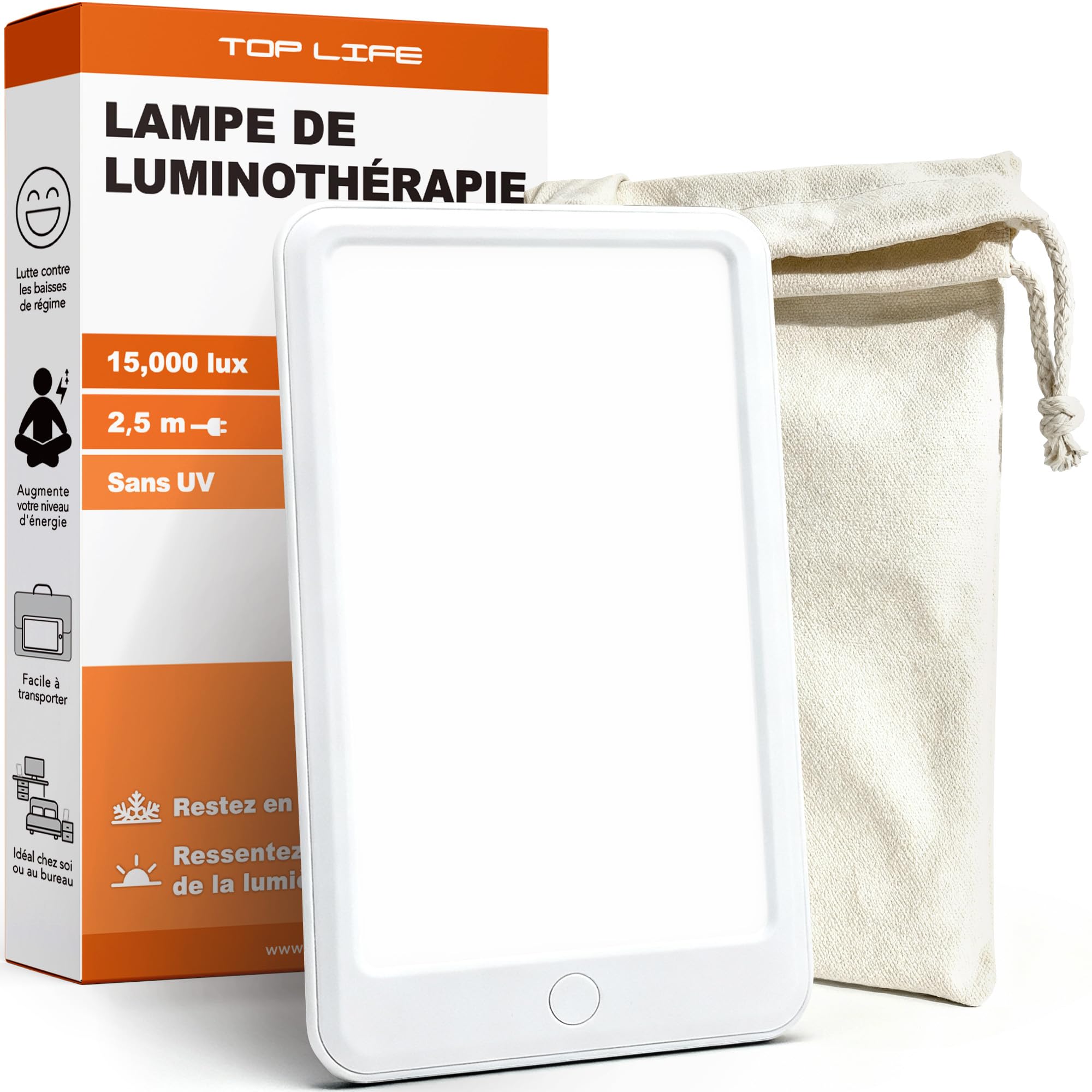 Top Life Lámpara de Luminoterapia 15,000 lux – Potente Luz para Mejorar el Estado de Ánimo - Espectro Completo, Ajustable con 3 Intensidades (6000, 10000, 15000)