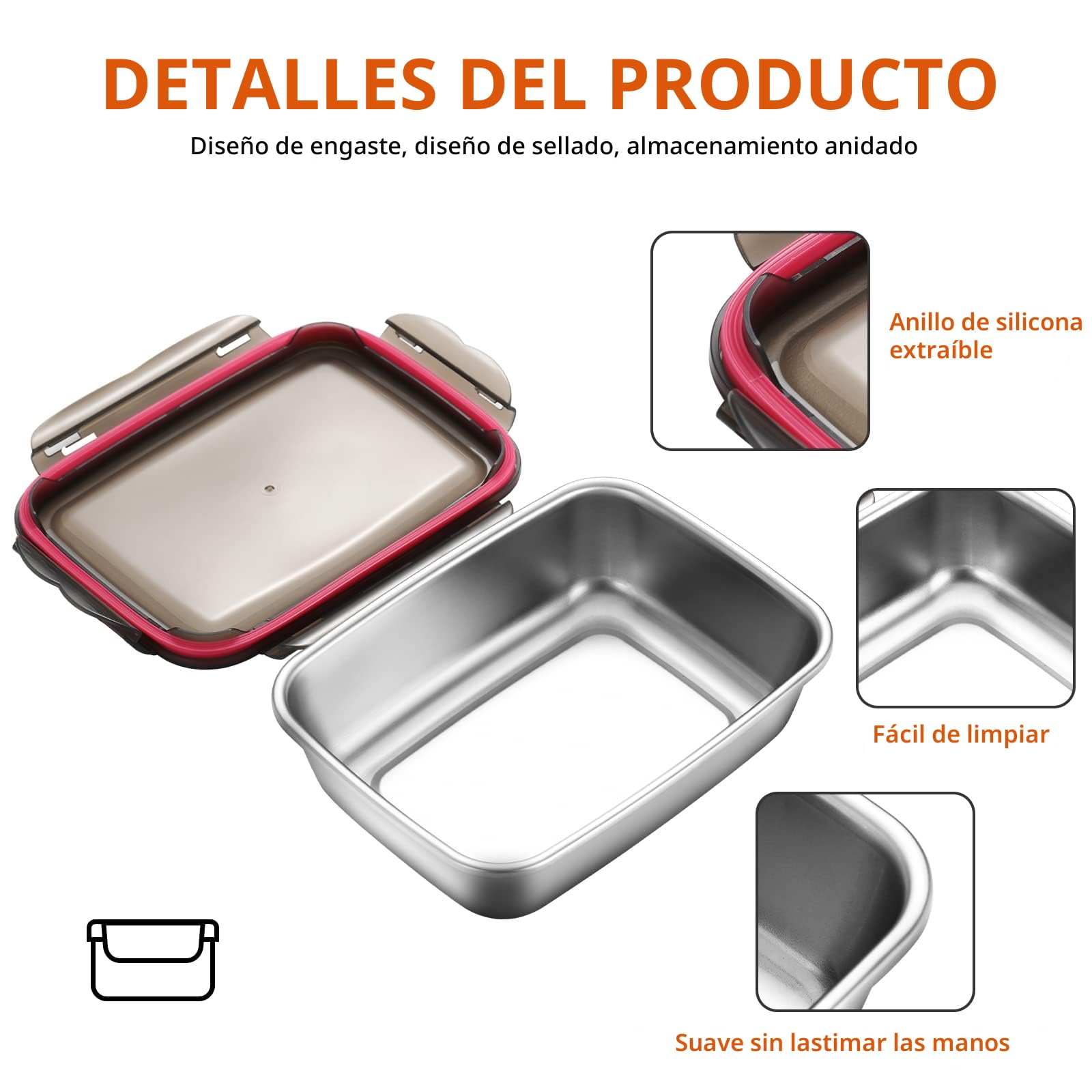 Juego de 3 Recipiente Hermetico para Alimentos de Acero Inoxidable Contenedor de Almacenamiento con Tapa Apilable 600ml/ 1500ml/ 2900ml Aptos para Lavavajillas Nevera Frigorifico