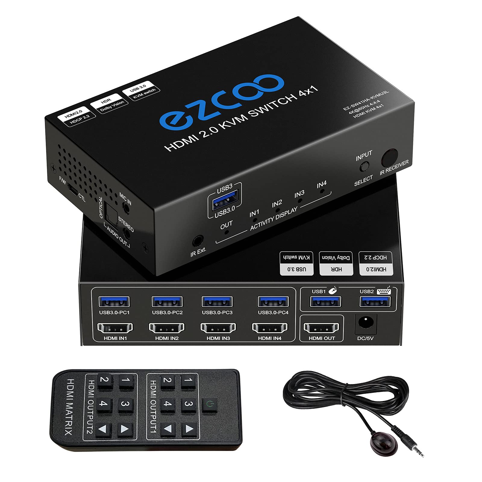 USB 3.0 KVM Switch HDMI 4 Computer 1 Monitor 4K 60Hz EDID SPDIF L/R Extractor- USB Switch for Keyboard Mouse Printer Mac Windows 4 Port HDMI Switch 4x1 1080p 120Hz 144Hz HDCP Pass, IR Remote Ext. Mic