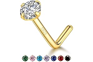 18k Gold Plated Sterling Silver Small L Shaped Nose Rings with CZ