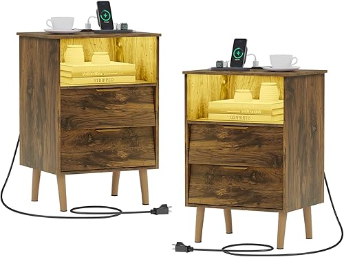 DICTAC Juego de 2 mesitas de noche con estación de carga y luces LED mesita de noche con 2 cajones mesa auxiliar de mediados de siglo con puertos
