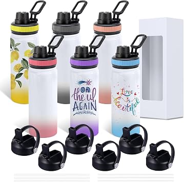 Sublimation Sports Water Bottle Blanks, 20oz Sublimation Tumblers Double Wall Stainless Steel Sublimation Cups with Wide Mouth Lid and Straw 6 Packs
