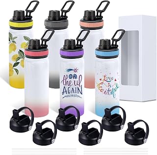 Sublimation Sports Water Bottle Blanks, 20oz Sublimation Tumblers Double Wall Stainless Steel Sublimation Cups with Wide Mouth Lid and Straw 6 Packs
