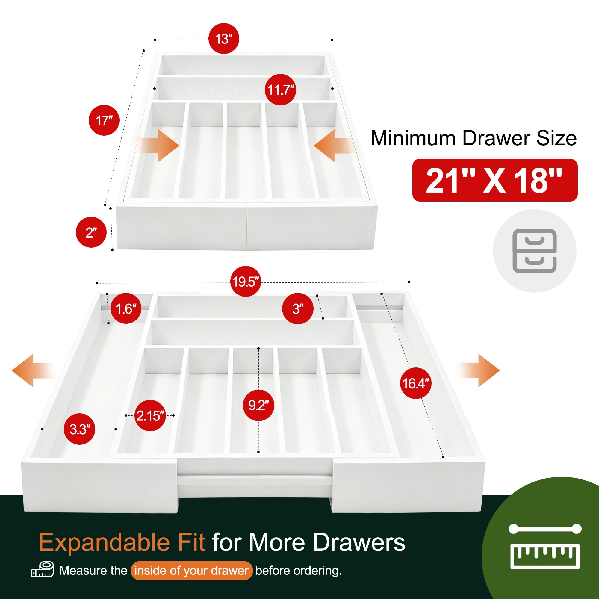 Großer Premium-Besteck-Organizer aus Bambus – erweiterbarer Schubladen-Organizer und Utensilien-Organizer – 43,2 x 50 cm Besteckkasten mit Trennwänden für Küchenutensilien und Besteck (7–9
