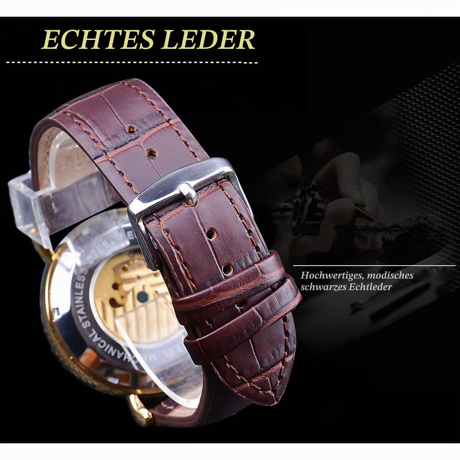 FORSINING Herren-Armbanduhr, automatisch, selbstaufziehend, mit schwarzem Silikonband, Retro-Skelett, Mondphase, großes Zifferblatt, mechanische Armbanduhr