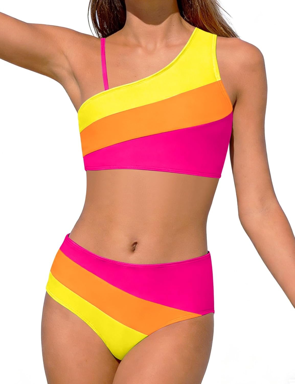 Girls Bikini Set - One Shoulder Color Block High Waisted Two Piece Swimsuit for 7-16 Year Old Preteens & Teens
