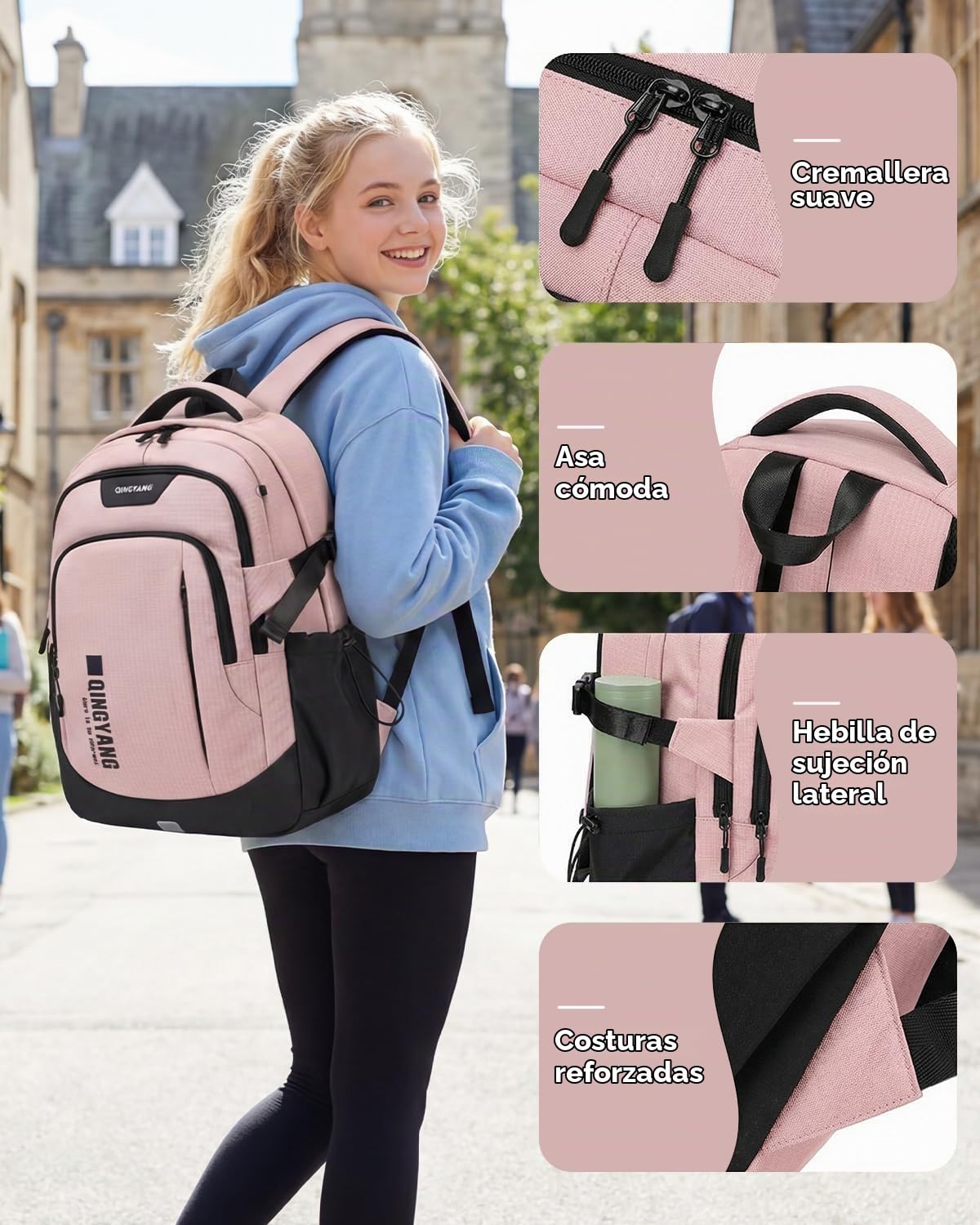 Mochila Escolar para Chicas Adolescentes, Mochilas Grande para Instituto de 32L Impermeable y Transpirable, Mochila Tipo Casual para Portátil de 15.6", 12+ años, Rosa