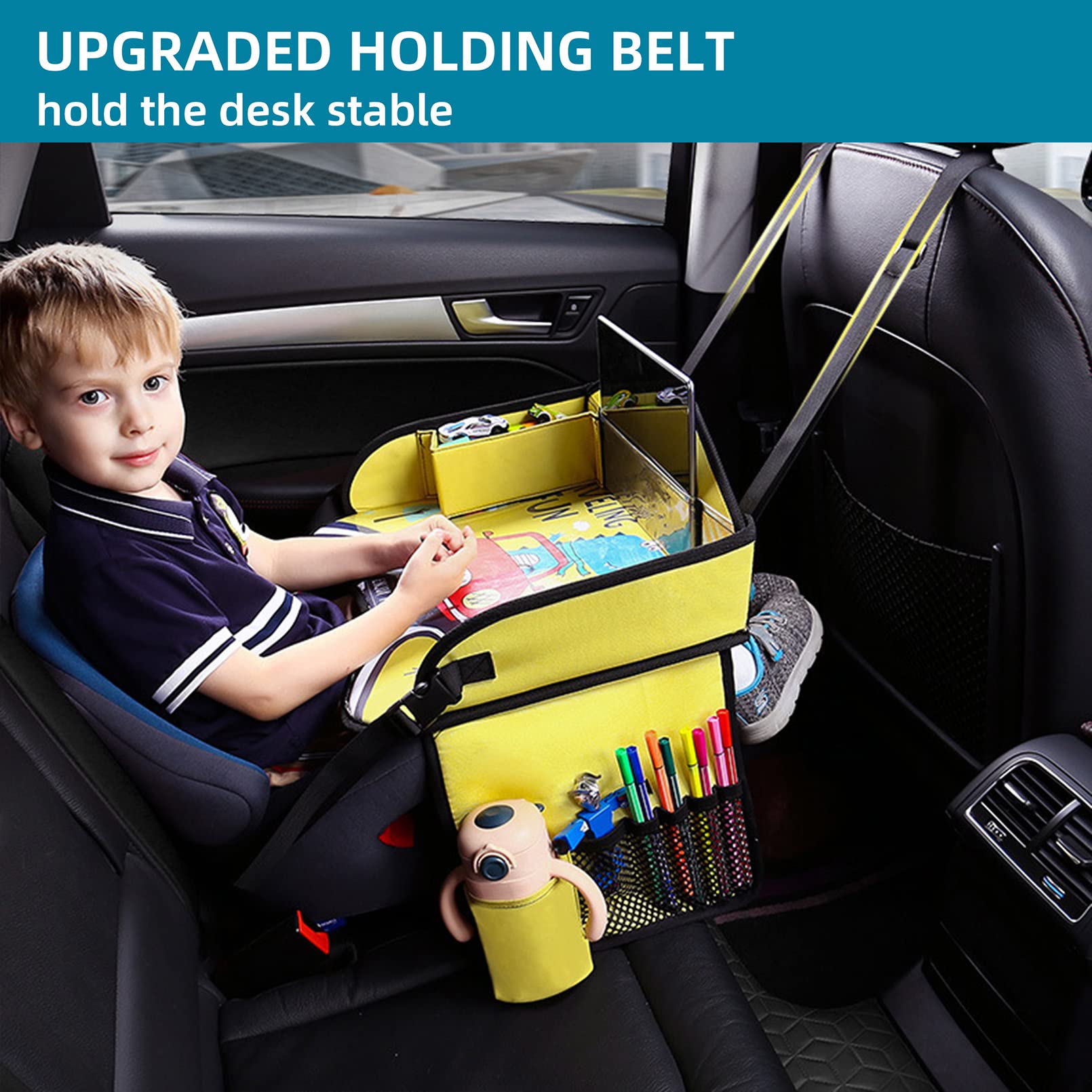 Vassoio da viaggio per bambini per seggiolino auto per, vassoio da viaggio per auto, aereo, vassoi per auto per bambini, accessori essenziali per viaggi su strada, con 15 sacchetti