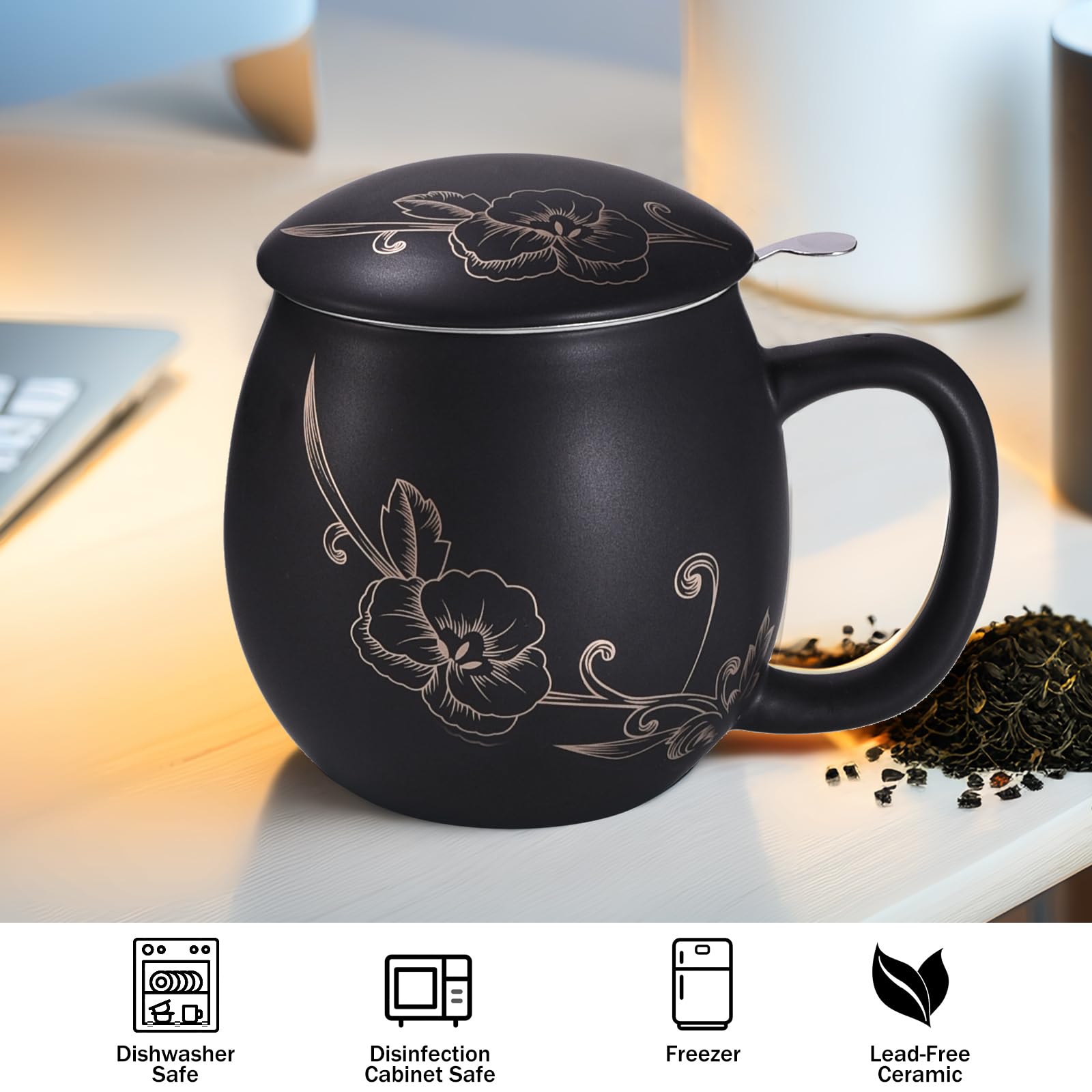 Yundu Tazza in ceramica da 360 ml con coperchio e filtro in acciaio inox nero opaco fiore dorato