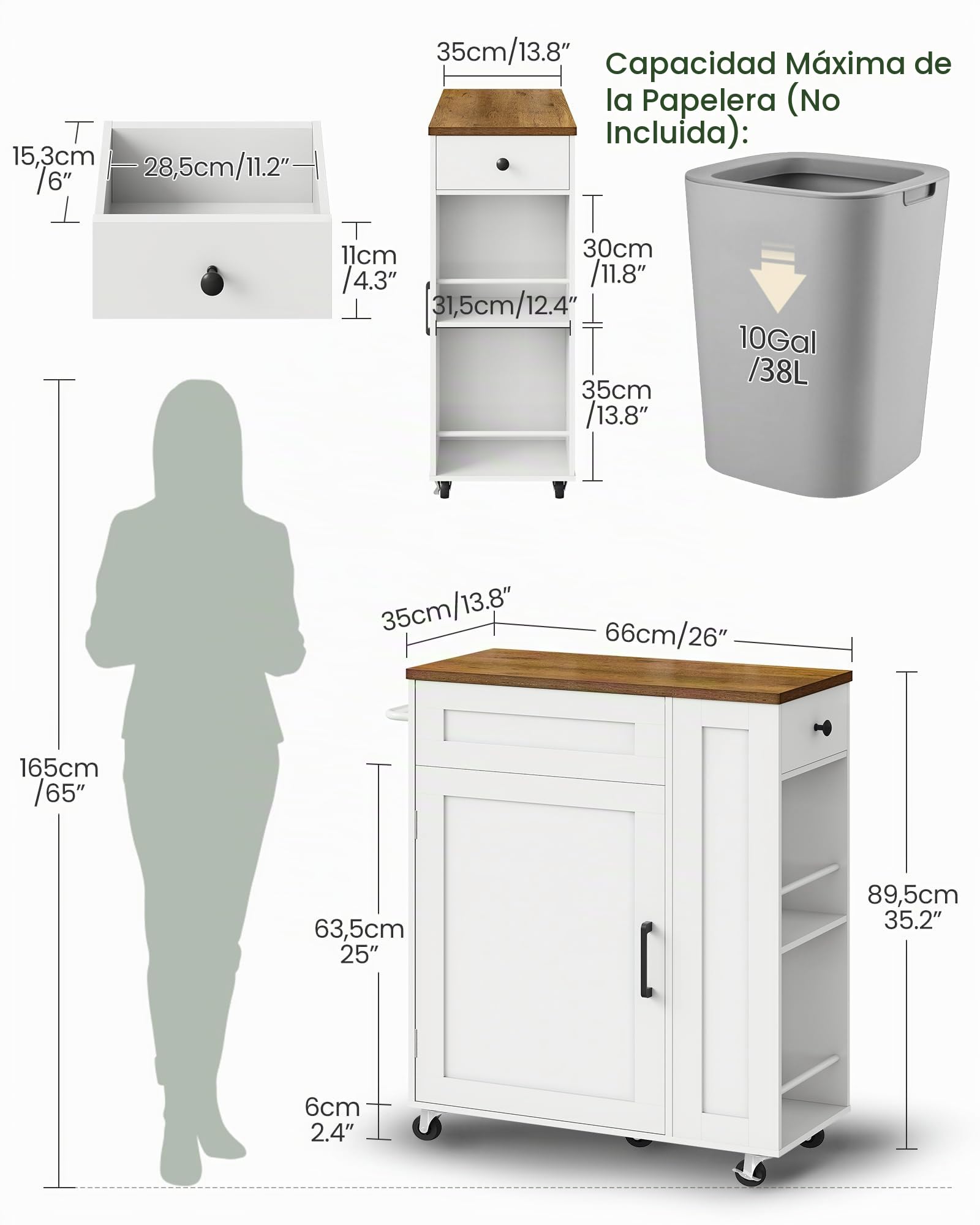 CHOEZON Carrito de Cocina Móvil con Isla, Carro con Compartimento Oculto para Basura, Carrito de Cocina con 5 Ruedas Giratorias, Cajón, Estantes y Toallero, para Cocina, Blanco y Nogal DMZD06WL