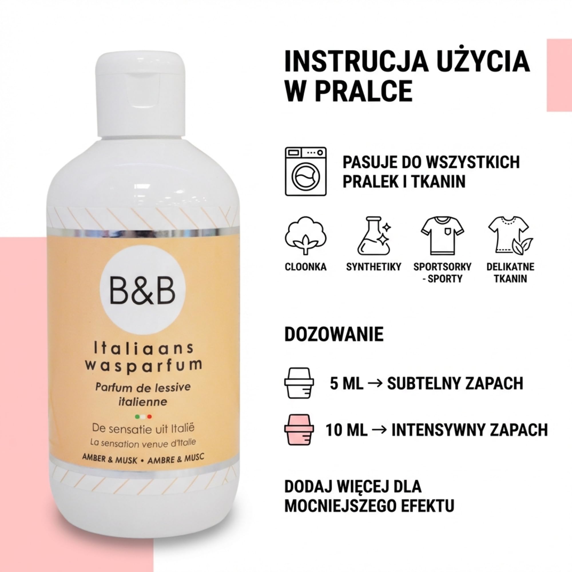 B&B Włoski Perfum do Prania Ambra i Piżmo – Trwały Zapach Tkanin i Wzmacniacz Aromatu do Prania, Ciepły Elegancki Zapach Ambry i Piżma, 250 ml (Do 25 Prań)
