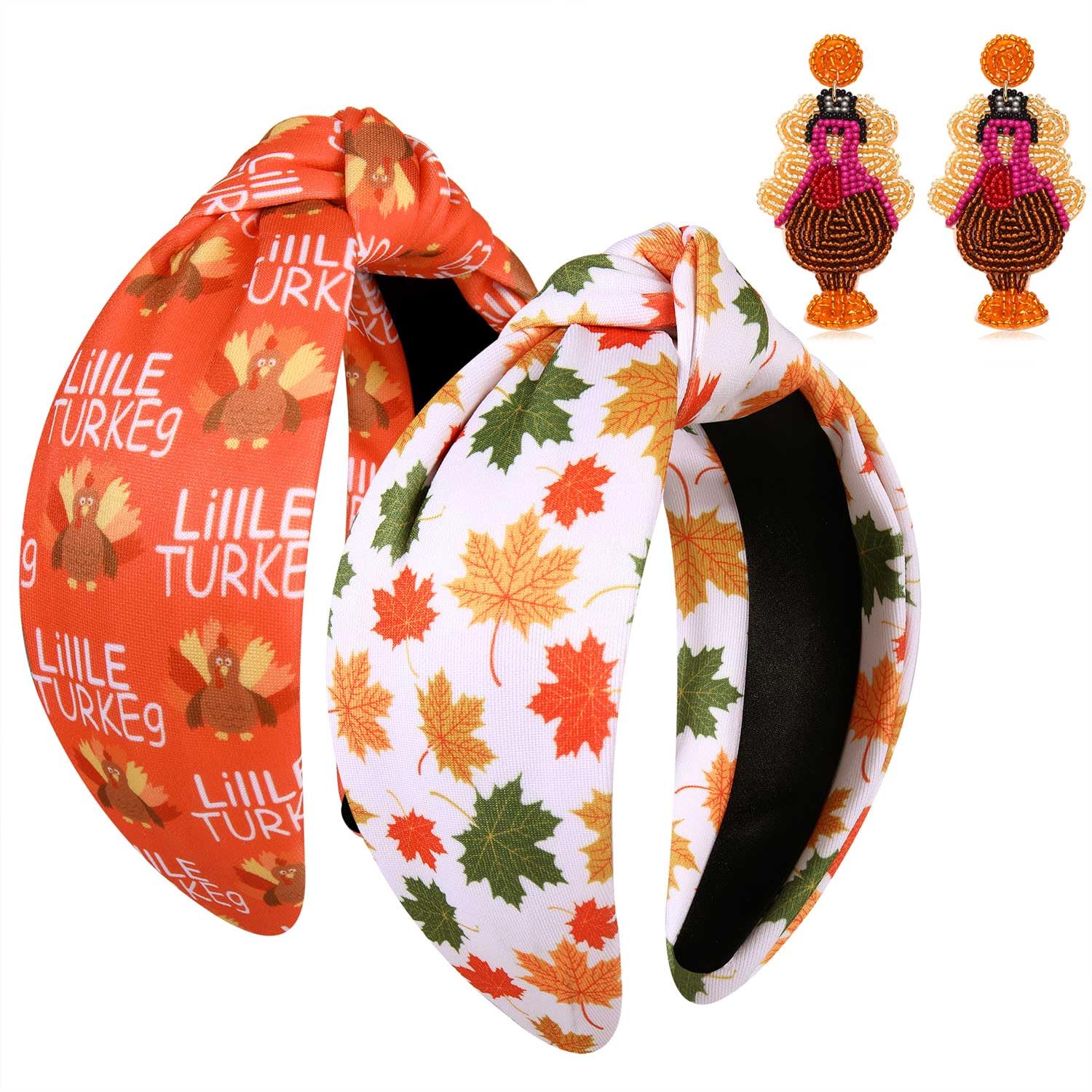 PHALIN Thanksgiving Headband for Women, Thanksgiving Fall Accessories Printed Turkey Pumpkin Maple Leaf Knotted Headband Autumn Outfits Holiday Party