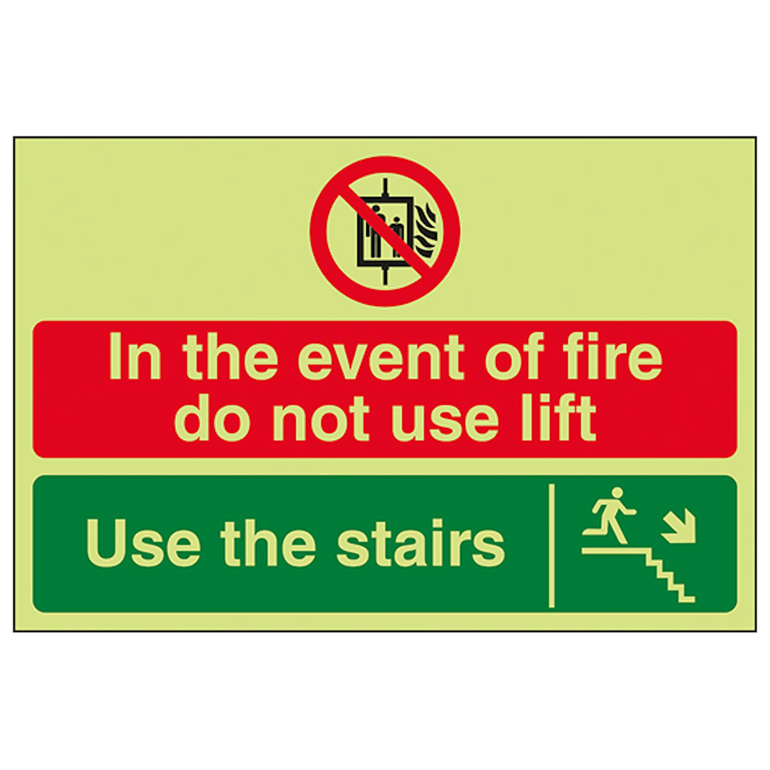 V Safety GITD In The Event Of Fire Do Not Use Lift/Use The Stairs Down Right 200 x 150 mm - Glow In The Dark Self Adhesive Vinyl Safety Sign