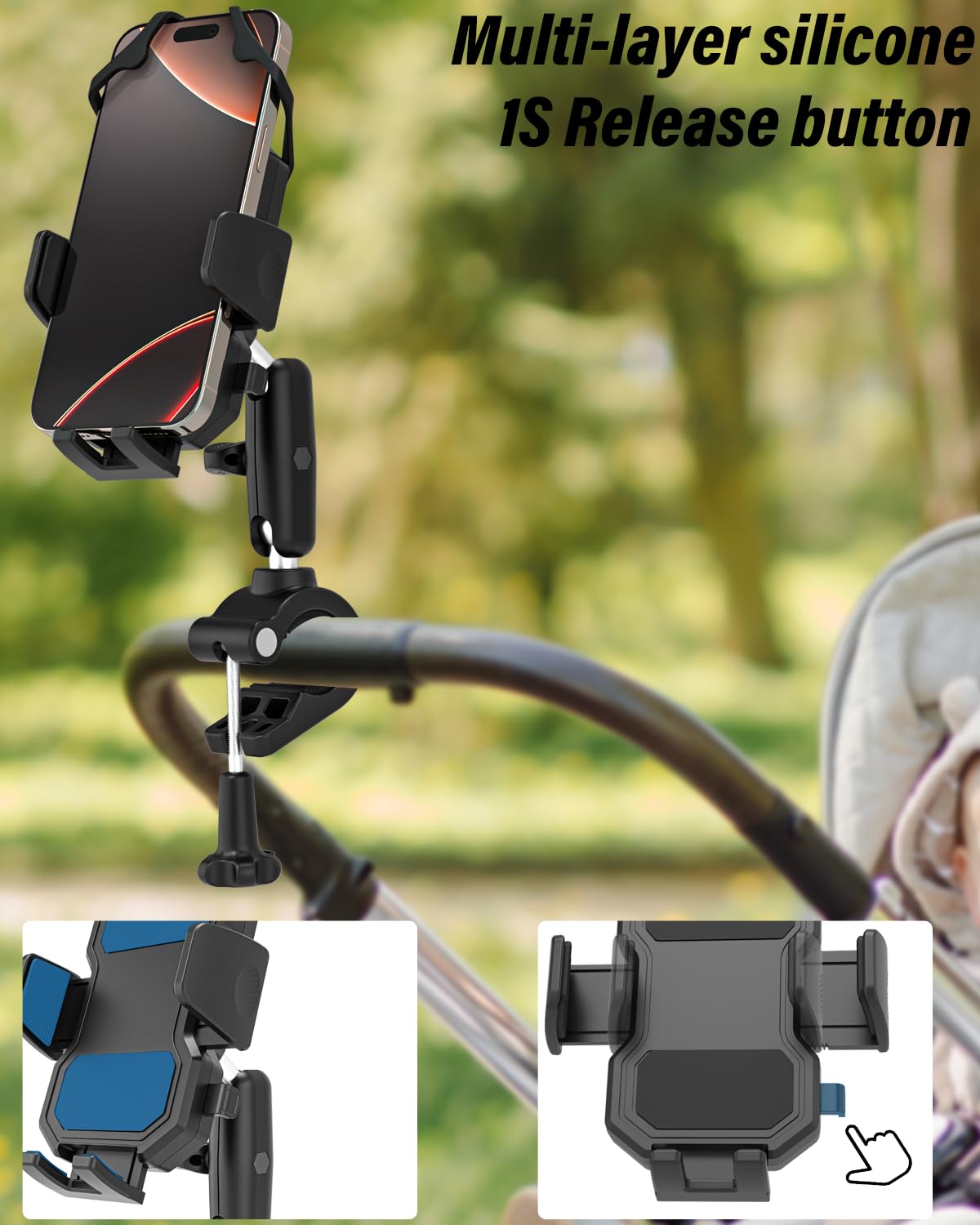 Supporto per cellulare per carrozzina [con fascia ultra stabile], per manubrio/cyclette/sedia a rotelle/barca/bici da corsa/scooter E, per iPhone 16 Pro Max/15/14/13 e tutti gli smartphone
