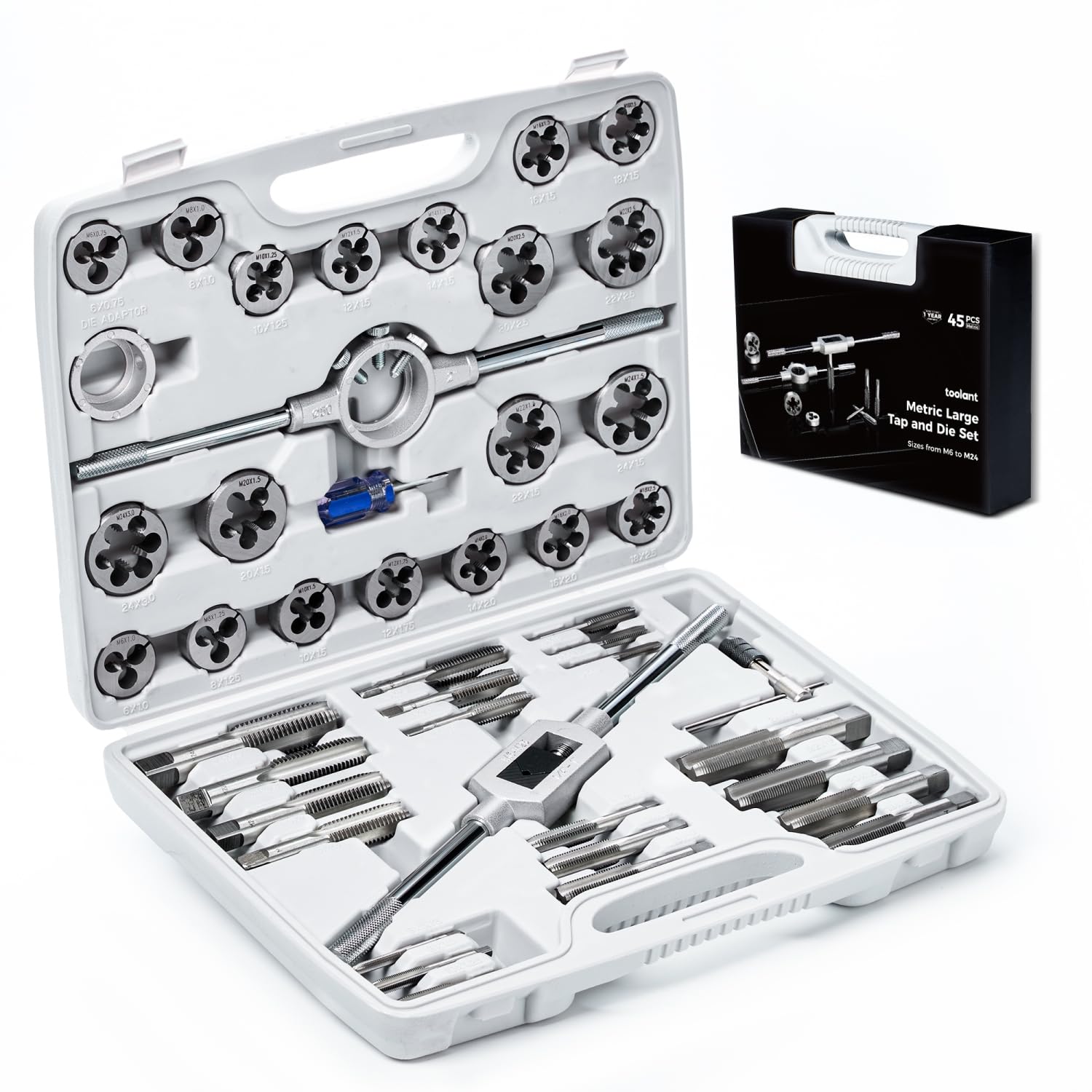 toolant 45pcs Metric Tap and Die Set, M6-M24 Large Threading Set with Round Dies for Cutting and Rethreading Internal and External Threads