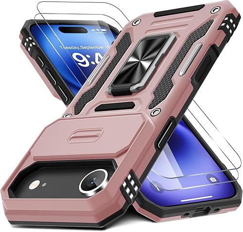 Miniatura 37 de DEERLAMN Funda para iPhone 14 Plus con cubierta deslizante para cámara + protector de pantalla (1 paquete), soporte de anillo giratorio con base