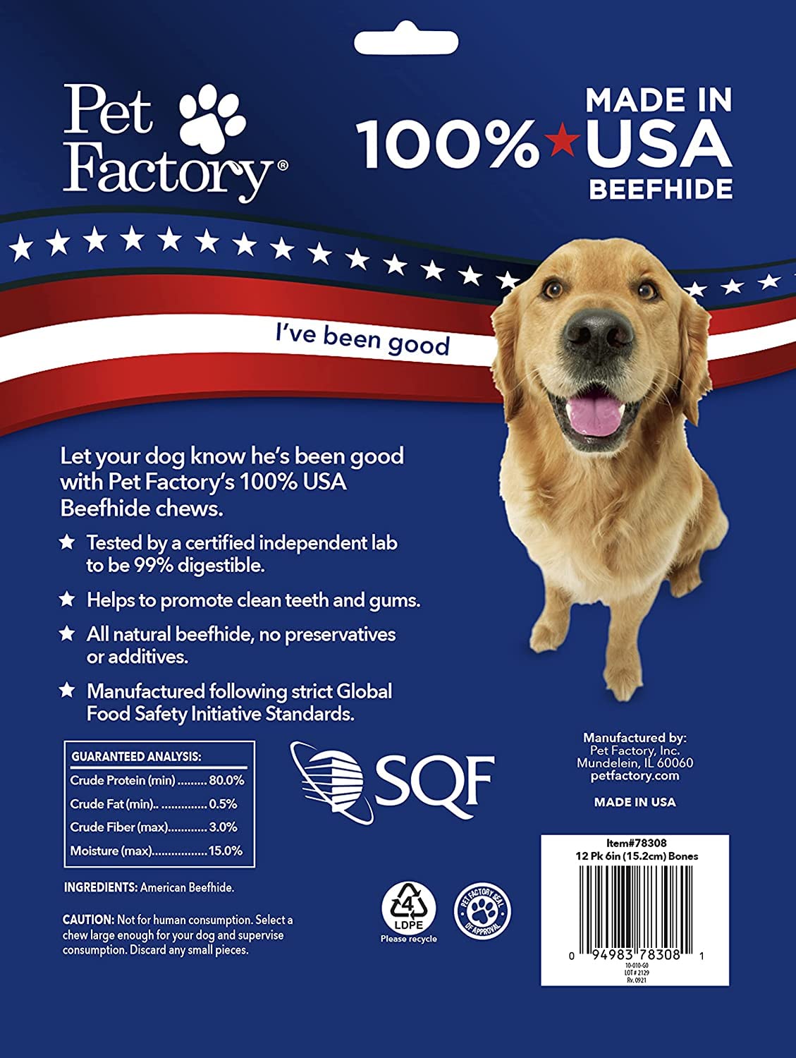 Pet Factory 100% Made in USA Beefhide 15,2 cm Knochen geknotet für Hunde – natürliches Aroma, 12 Stück/1 Packung