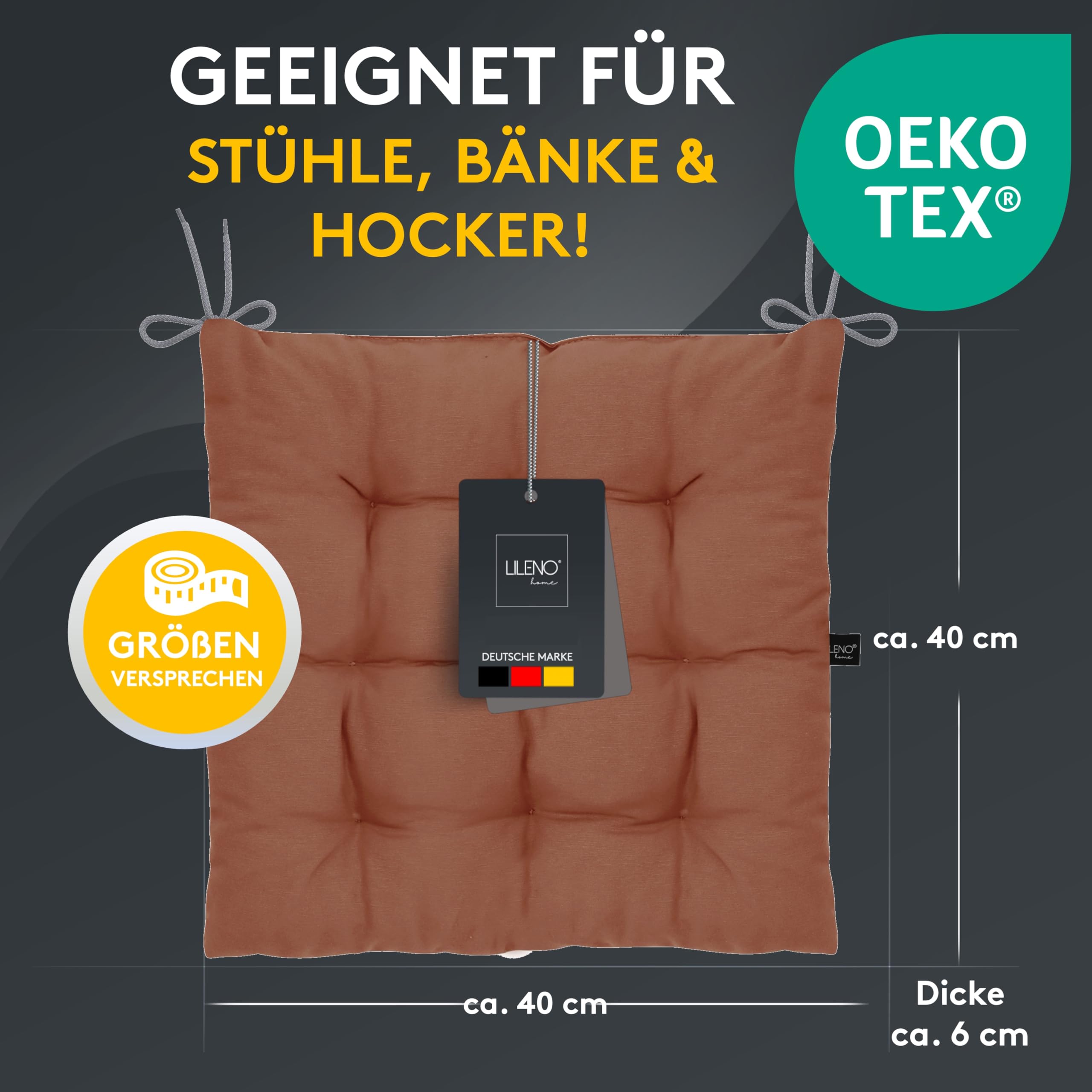 LILENO HOME Zestaw 6 poduszek na krzesło 09 brązowe (40 x 40 x 6 cm) – poduszka do siedzenia do ogrodu, kuchni lub jadalni – odporna na promieniowanie UV nakładka na krzesło wewnątrz i na zewnątrz