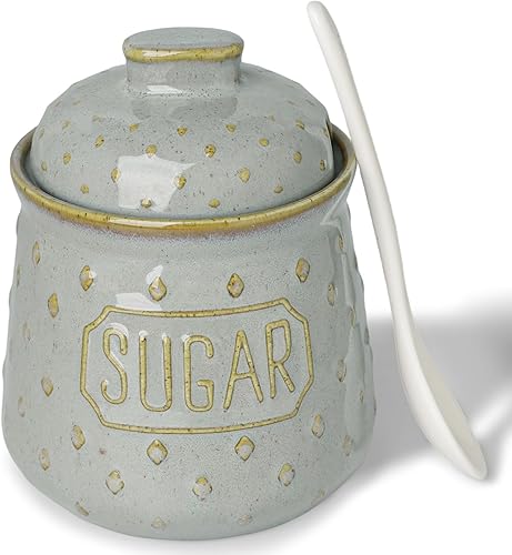 Azucarero con tapa y cuchara, recipiente de cerámica de 10 onzas para accesorios de cocina, contenedores de almacenamiento de azúcar, decoración de